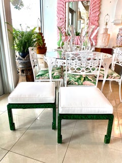 Vintage Pair of Green Faux Malachite Benches Stools Newly Upholstered Ming Feet