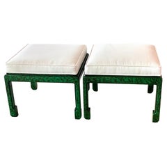 Vintage Pair of Green Faux Malachite Benches Stools Newly Upholstered Ming Feet