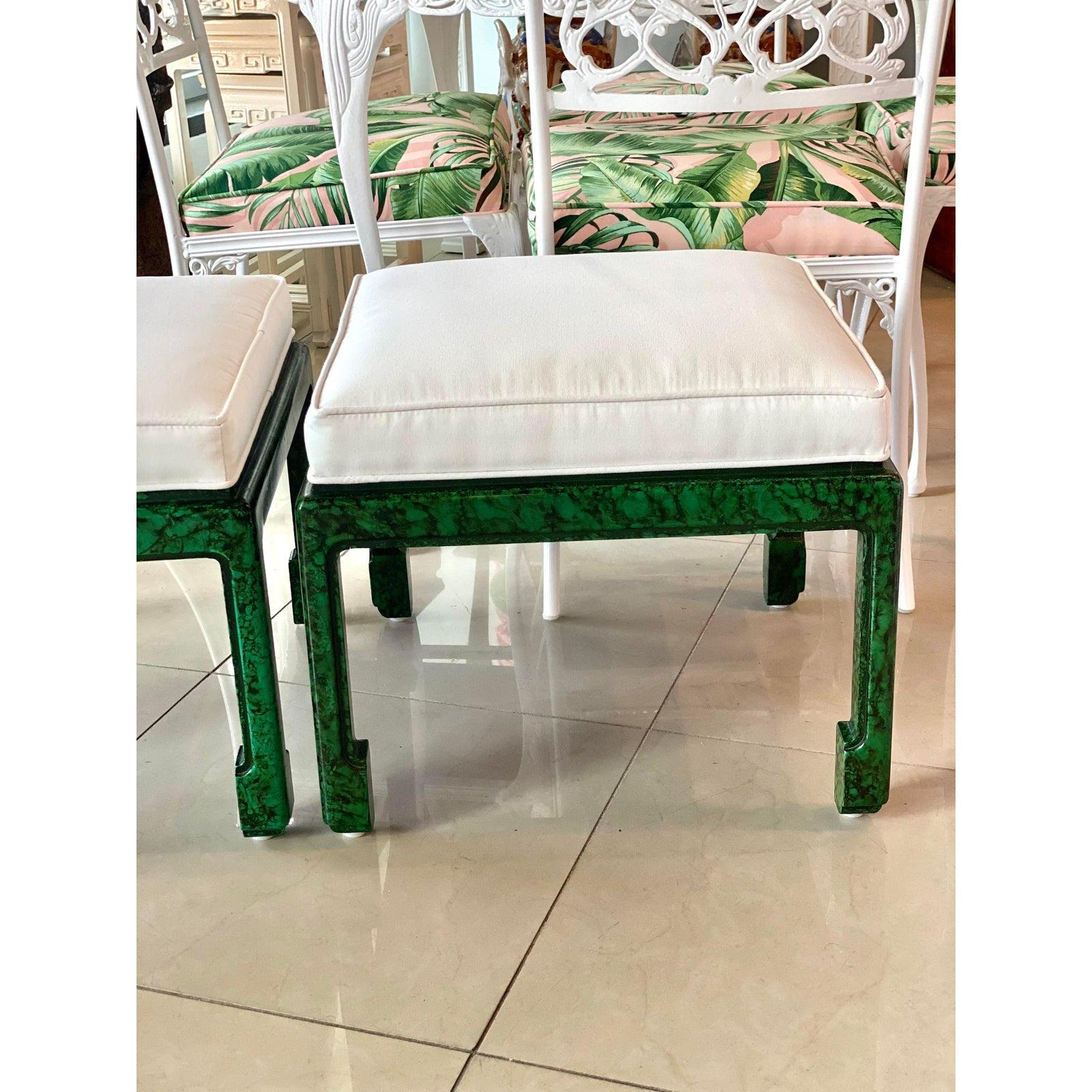 Vintage Pair of Green Faux Malachite Newly Upholstered Ming Feet Benches Stools For Sale 3