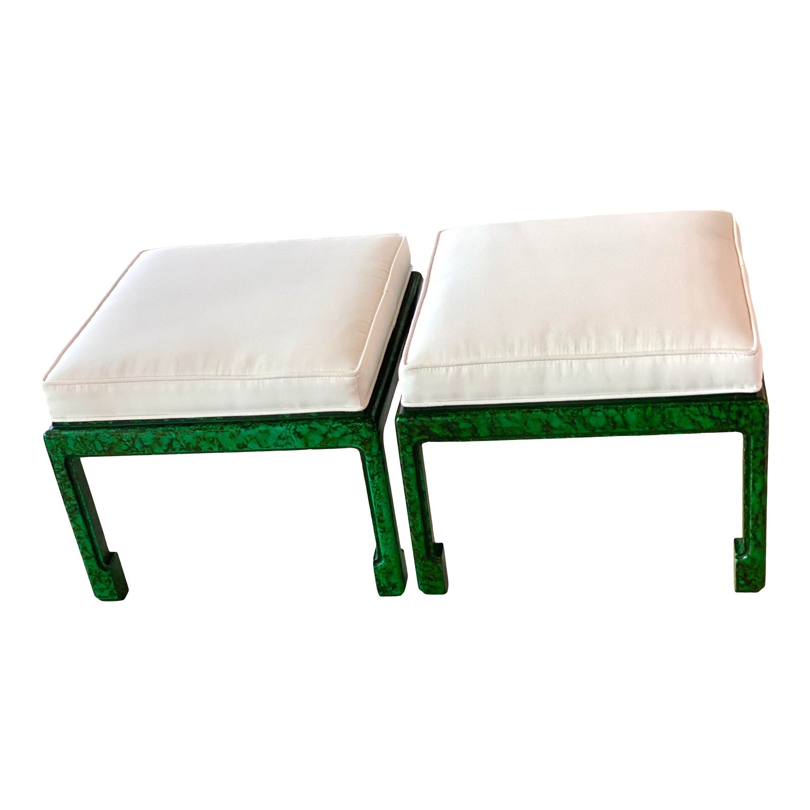 To say these are amazing is putting it lightly! Beautiful vintage pair of faux malachite wood benches, stools, ottomans. Completely restored with all new cushions, including foam, done in a durable sunbrella upholstery with matching welt. At time of