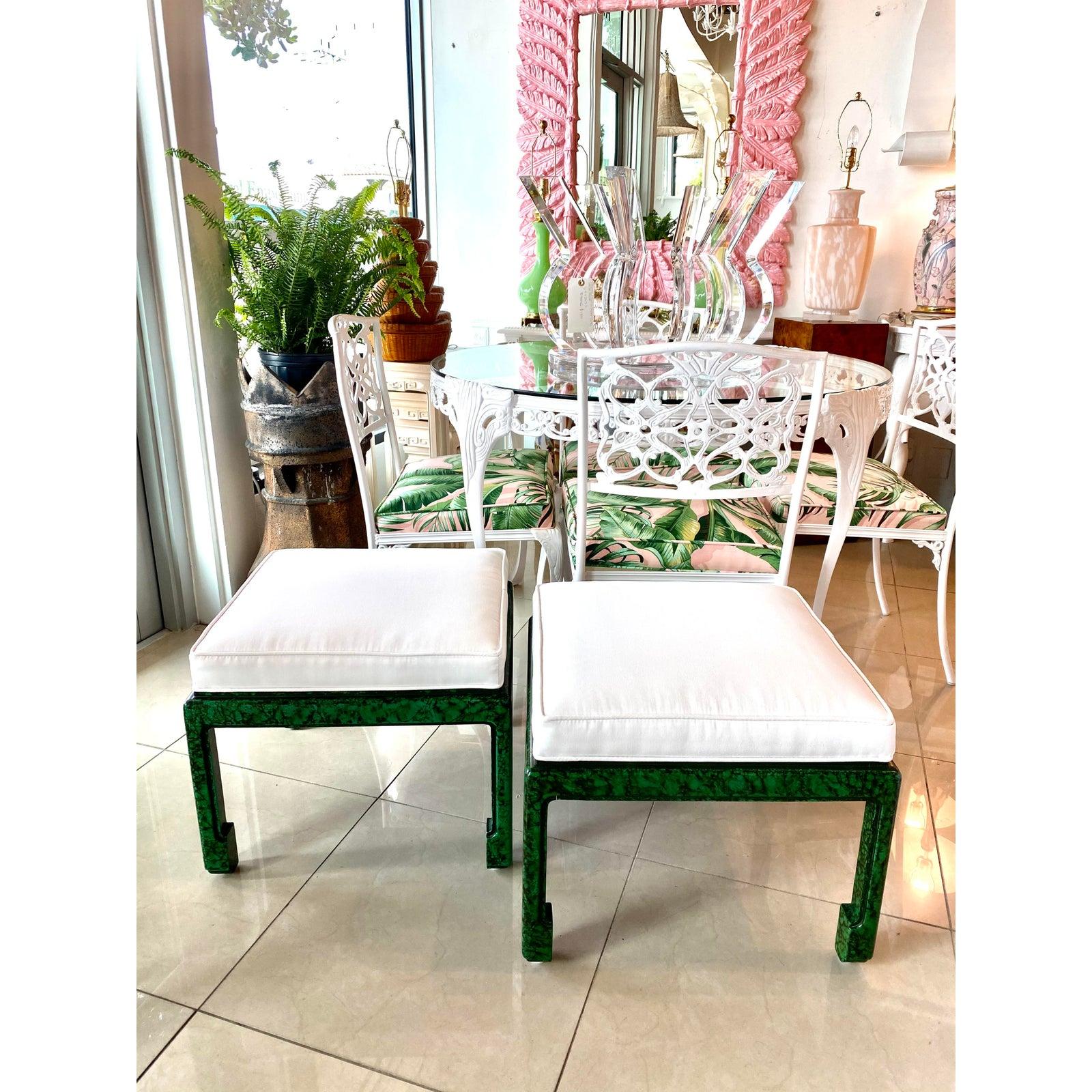 To say these are amazing is putting it lightly! Beautiful vintage pair of faux malachite wood benches, stools, ottomans. Completely restored with all new cushions, including foam, done in a durable sunbrella upholstery with matching welt. At time of