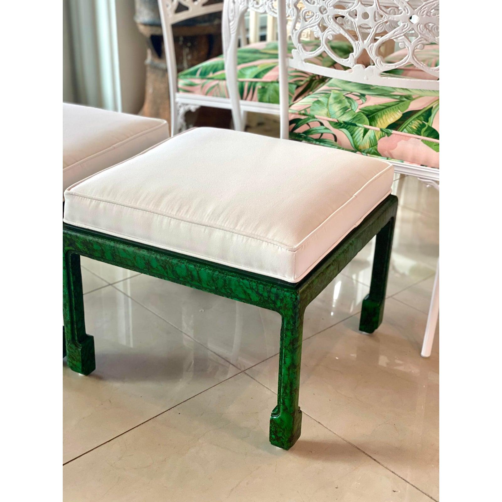 Hollywood Regency Vintage Pair of Green Faux Malachite Newly Upholstered Ming Feet Benches Stools For Sale