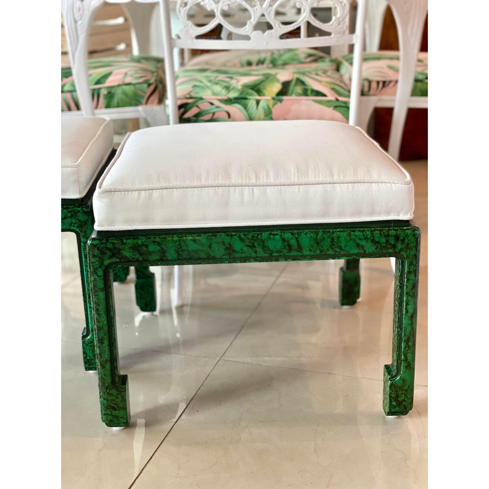 American Vintage Pair of Green Faux Malachite Newly Upholstered Ming Feet Benches Stools For Sale