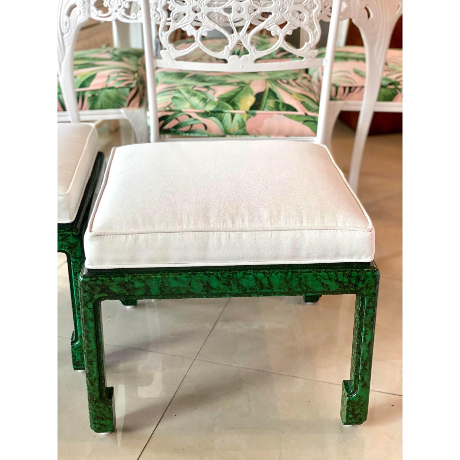 Vintage Pair of Green Faux Malachite Newly Upholstered Ming Feet Benches Stools In Good Condition For Sale In West Palm Beach, FL