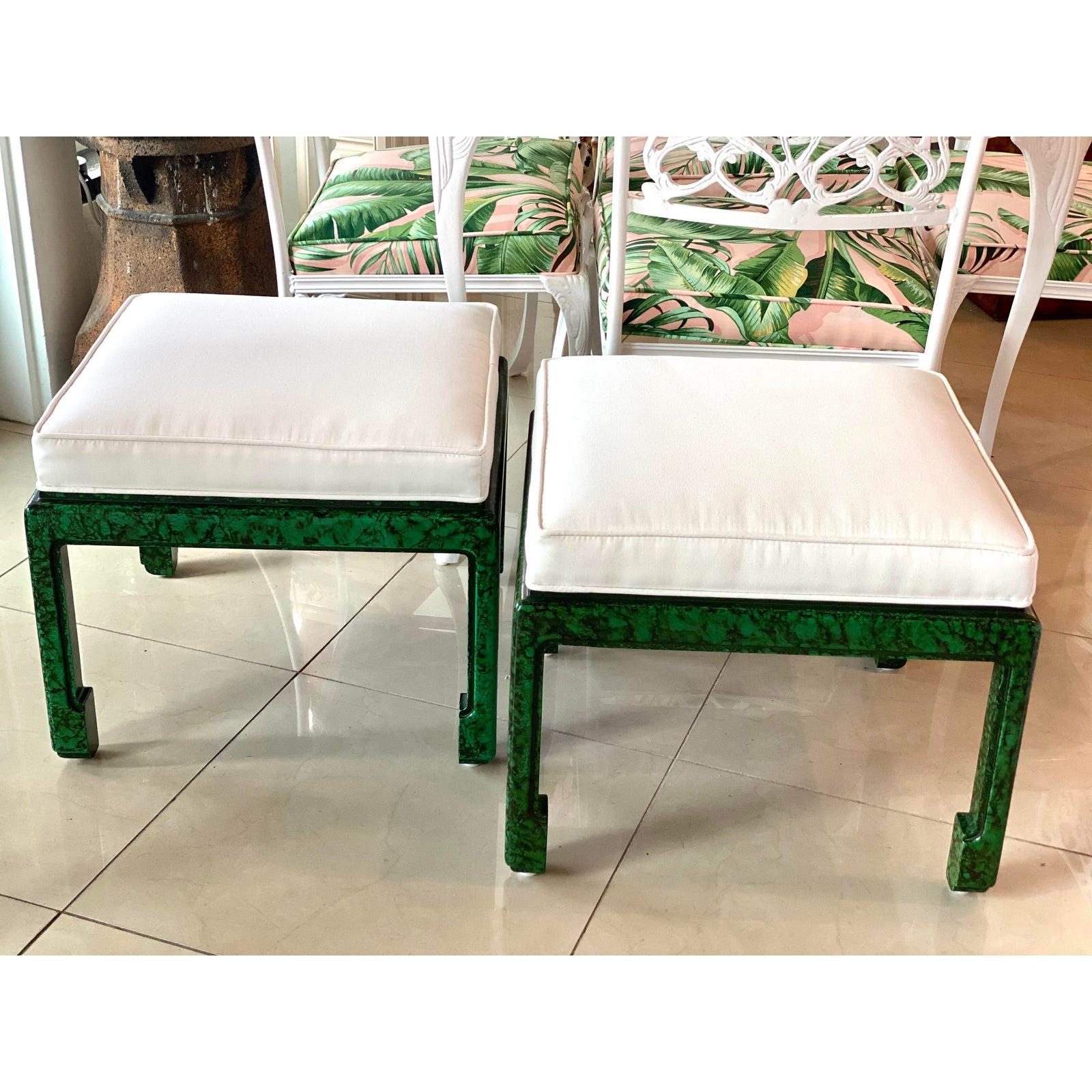 Upholstery Vintage Pair of Green Faux Malachite Newly Upholstered Ming Feet Benches Stools For Sale