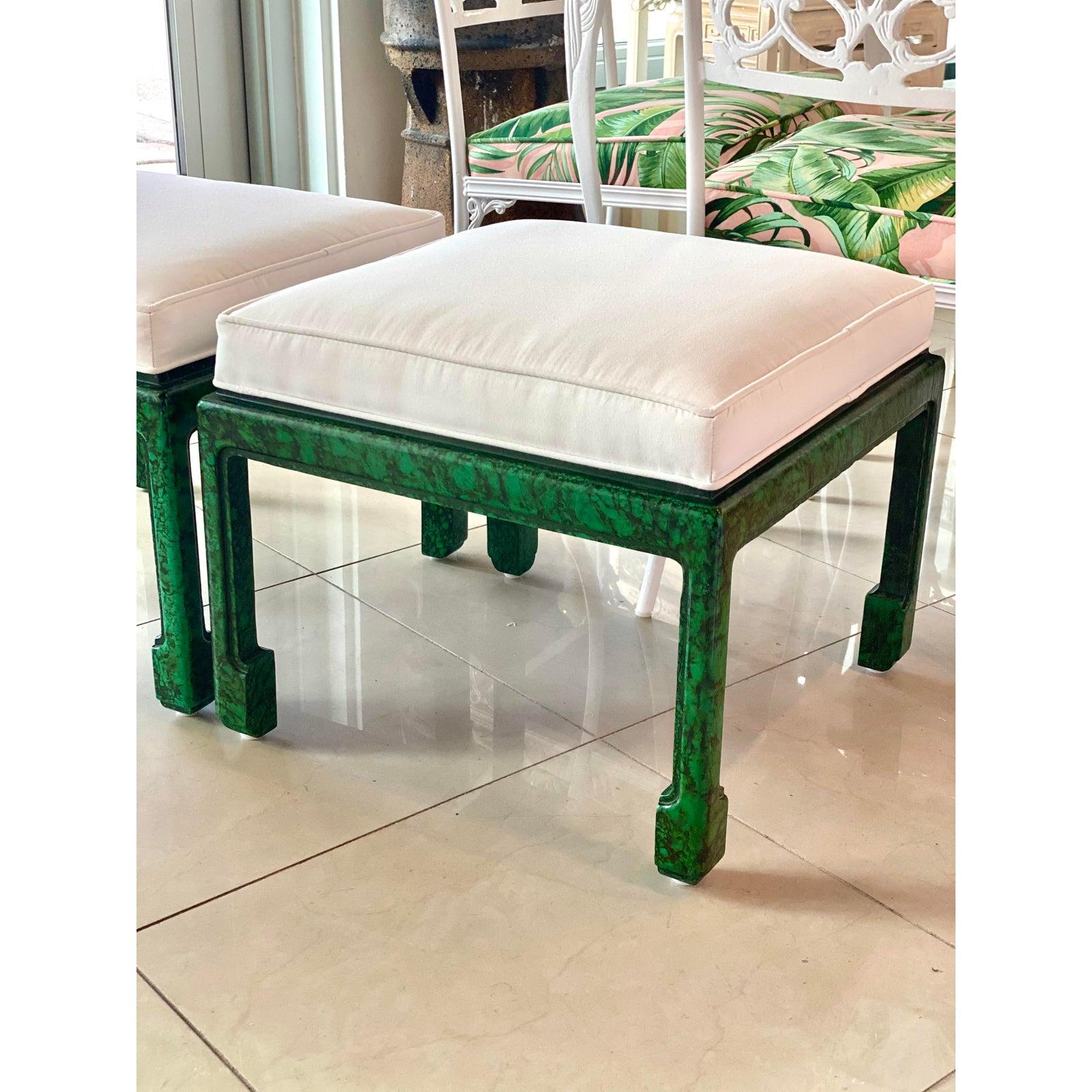 Upholstery Vintage Pair of Green Faux Malachite Newly Upholstered Ming Feet Benches Stools For Sale