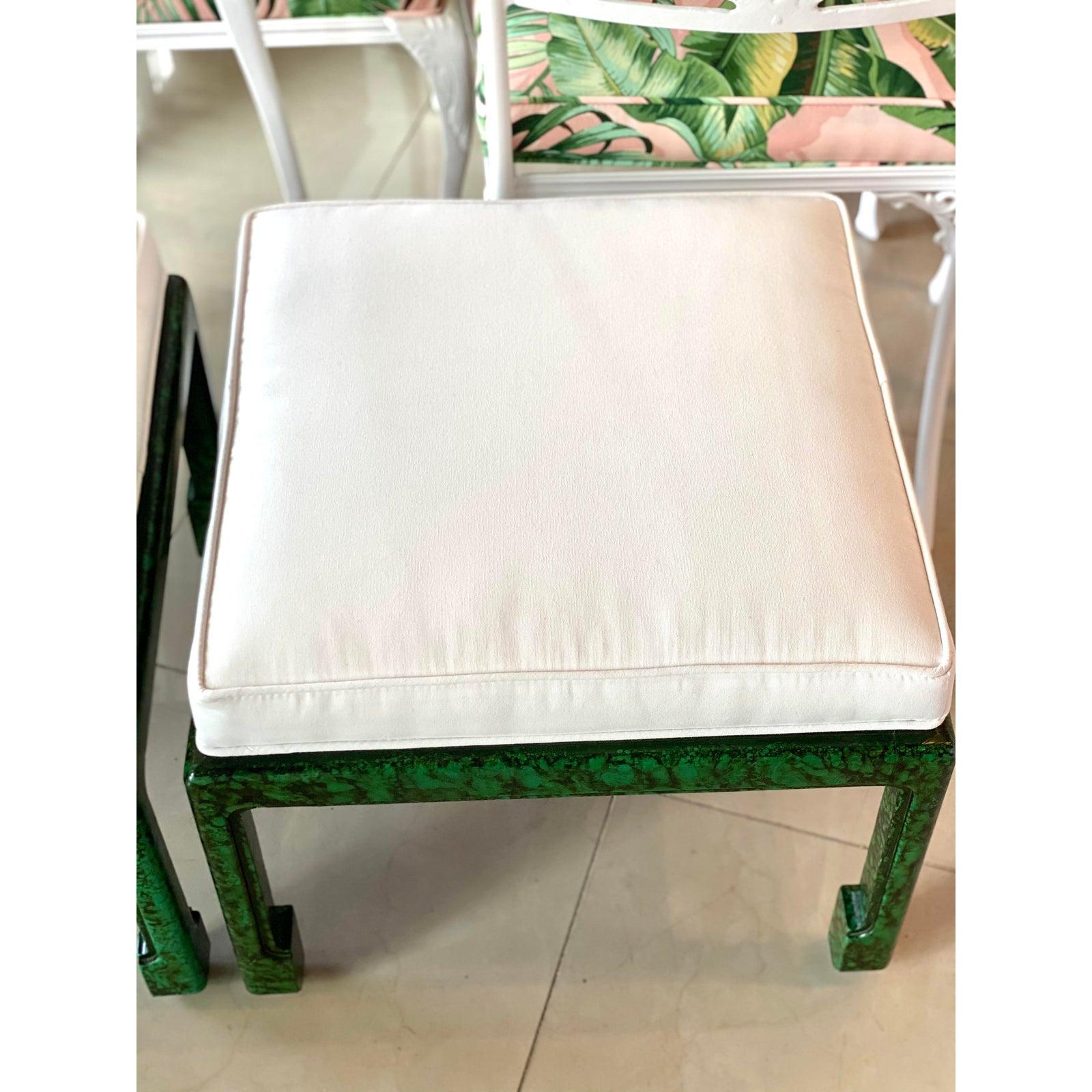 Vintage Pair of Green Faux Malachite Newly Upholstered Ming Feet Benches Stools For Sale 1