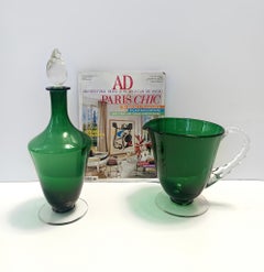 Vintage Pair of Green Hand-Blown Glass Wine and Water Pitchers, Empoli