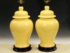 Vintage Pair of Haeger Pottery Atomic Chrome Yellow Large Ginger Jar Urn Lamps