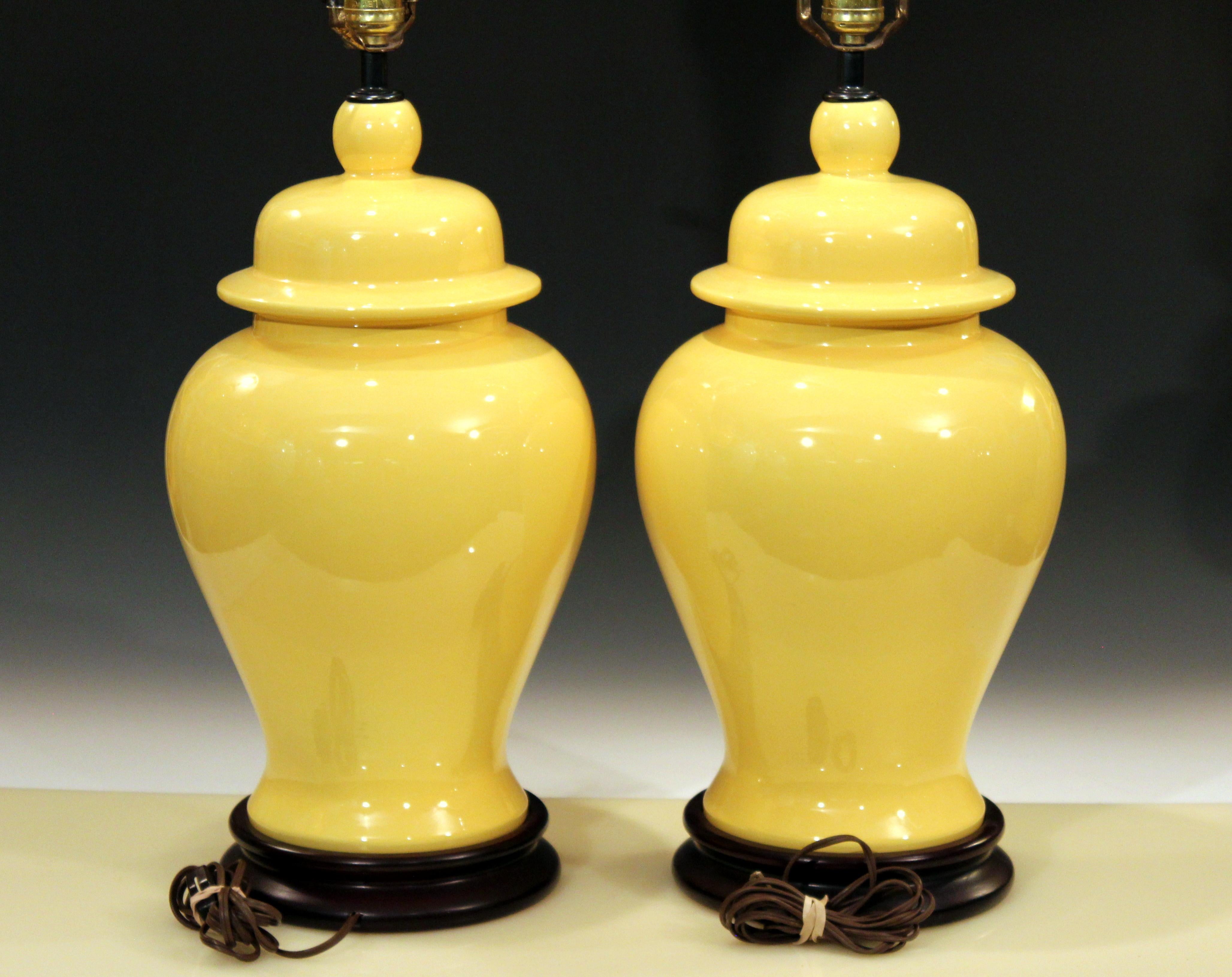 Modern Vintage Pair of Haeger Pottery Atomic Chrome Yellow Large Ginger Jar Urn Lamps
