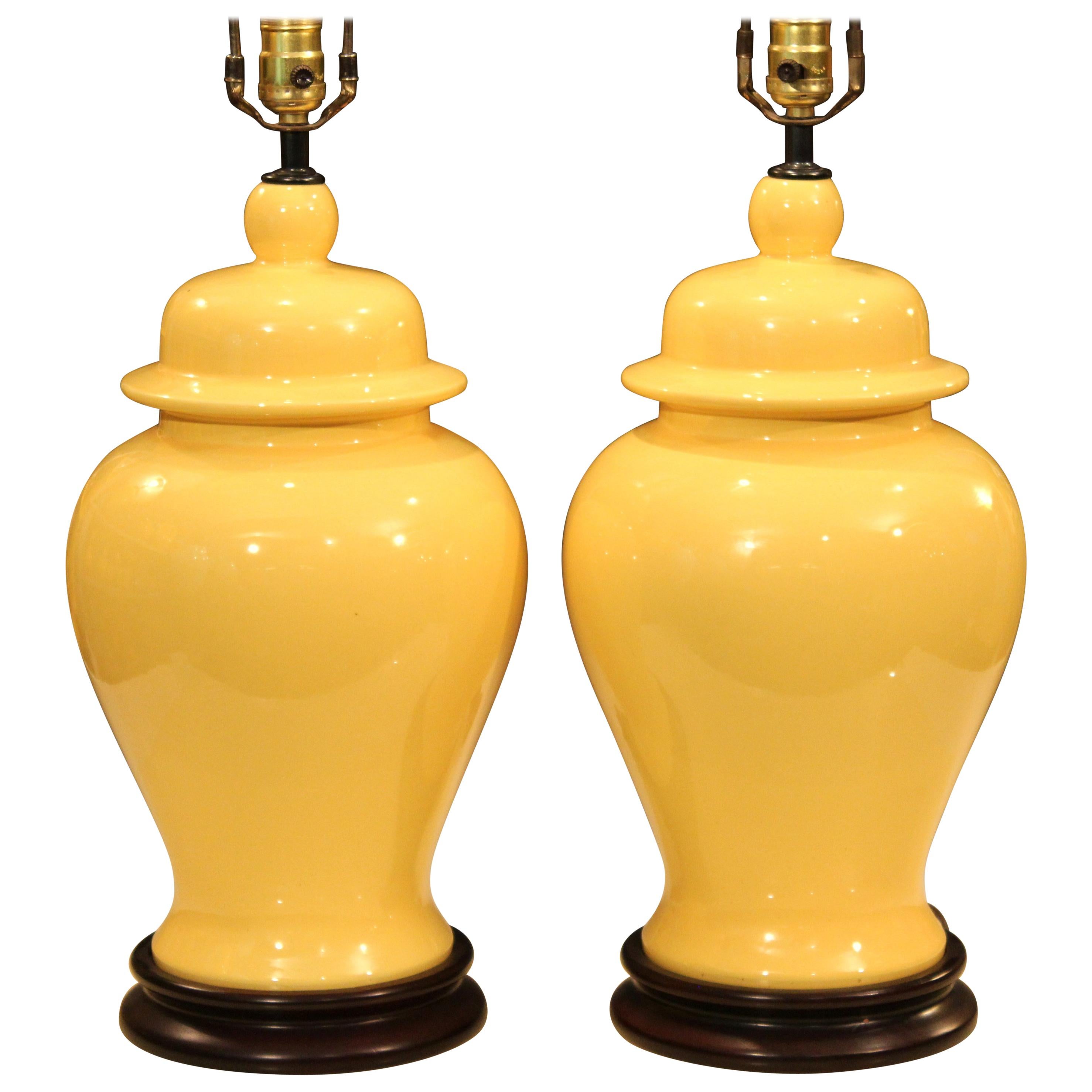 Vintage Pair of Haeger Pottery Atomic Chrome Yellow Large Ginger Jar Urn Lamps