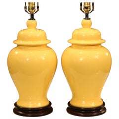 Retro Pair of Haeger Pottery Atomic Chrome Yellow Large Ginger Jar Urn Lamps