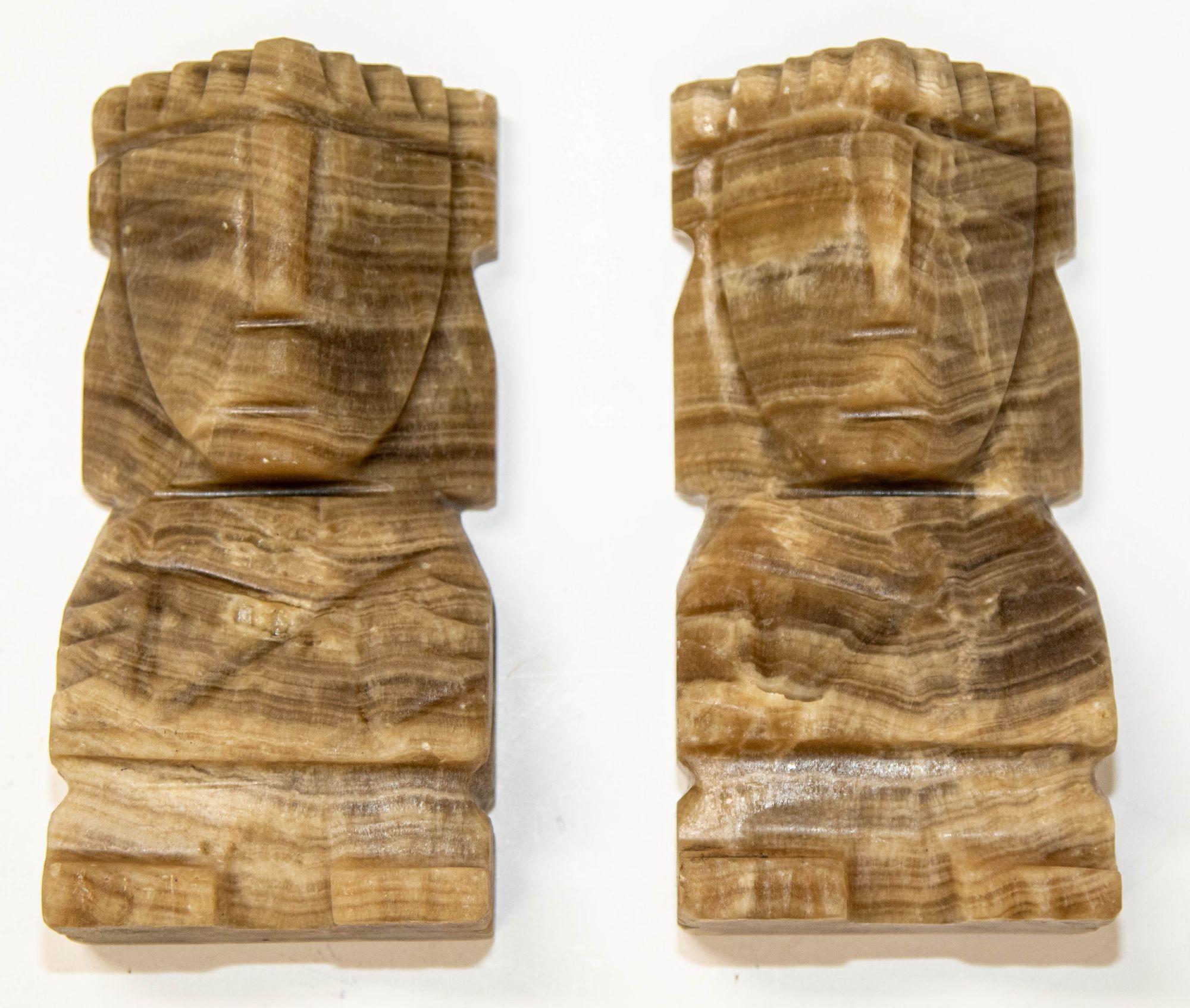 Vintage Carved Mexican Aztec Mayan Figure Onyx Stone Bookends 1950s For Sale 2