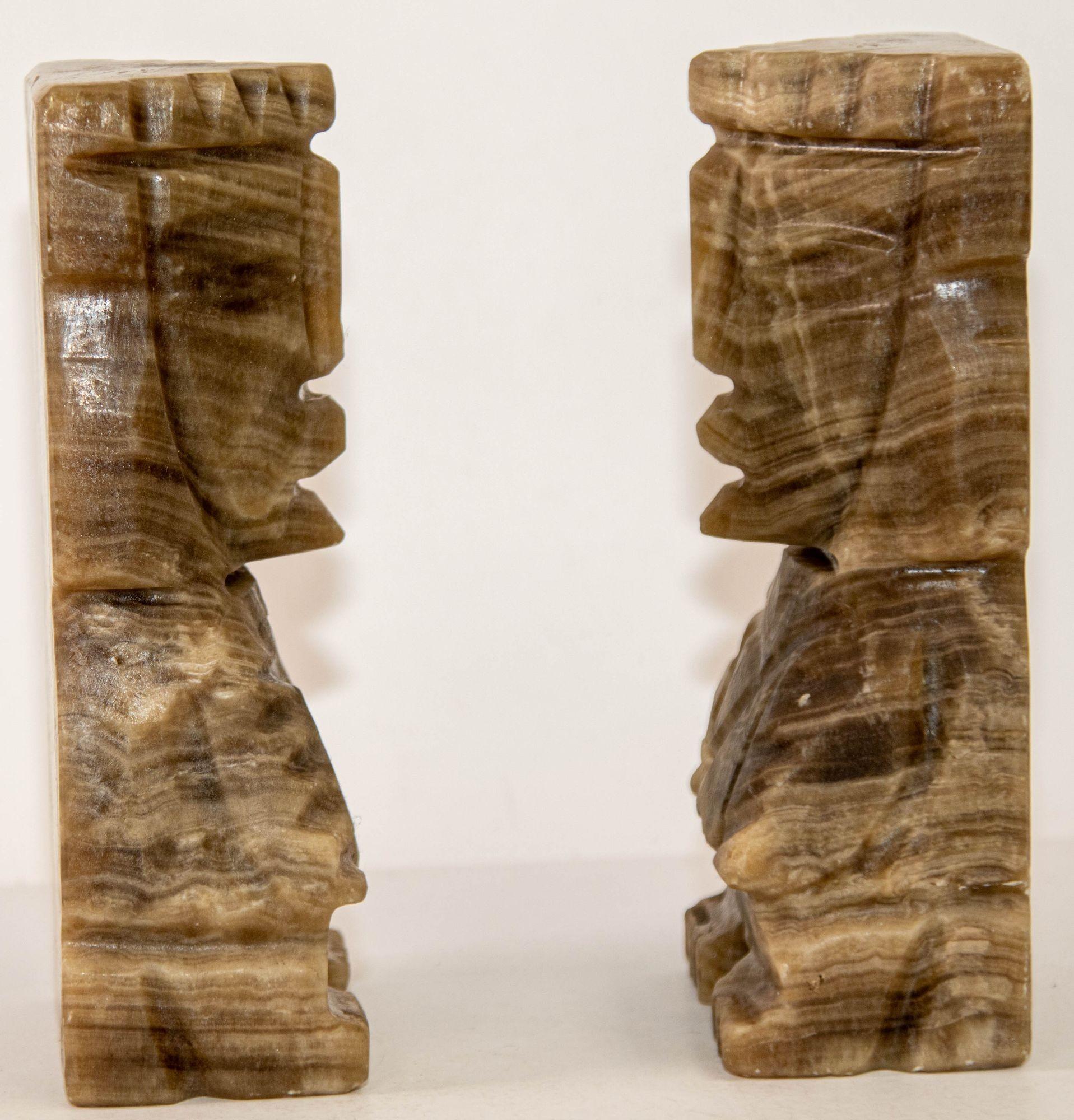Vintage Carved Mexican Aztec Mayan Figure Onyx Stone Bookends 1950s For Sale 9