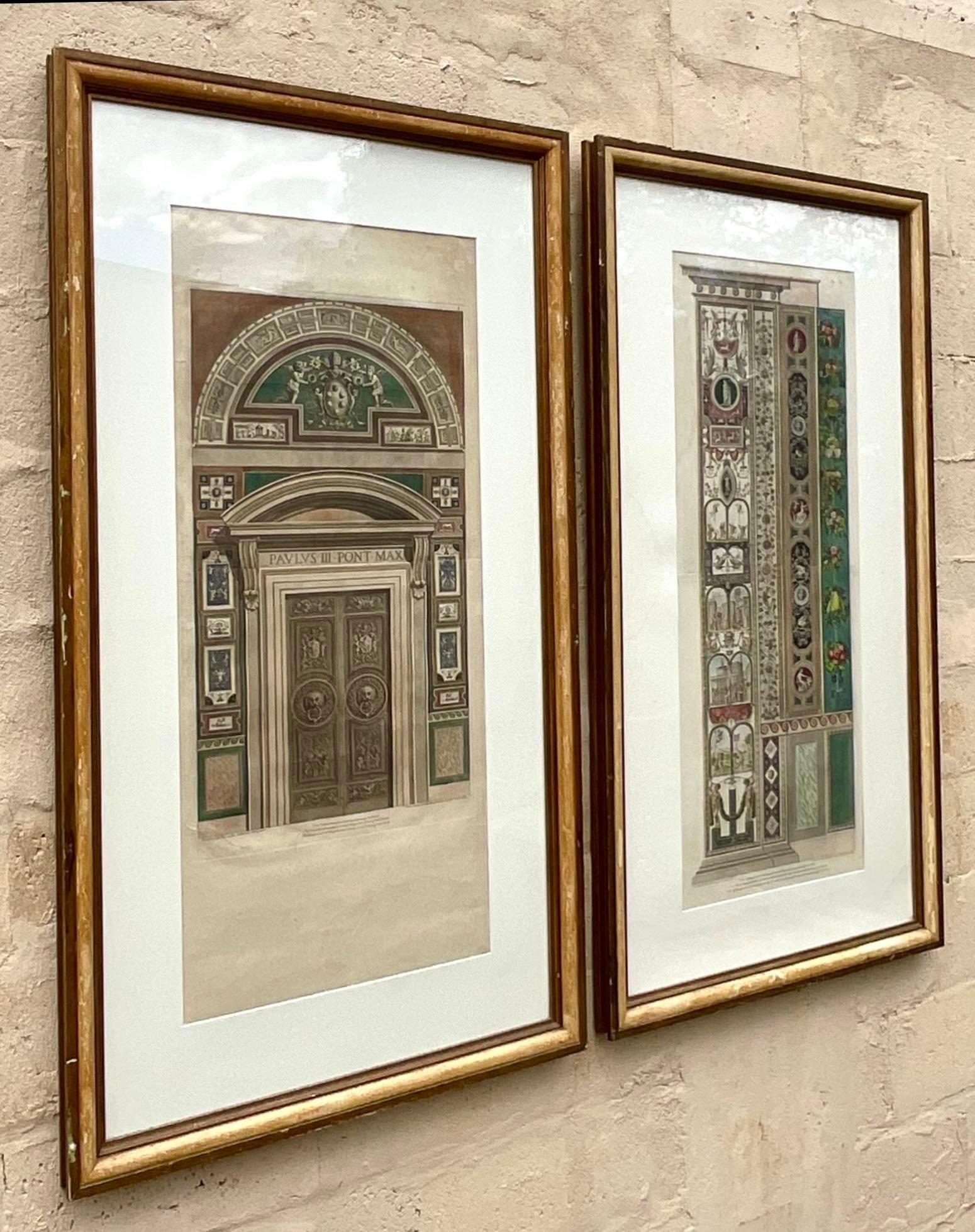 A fabulous pair of vintage hand colored engravings. Done in the manner of Raffaello’s “Le Loggie de Raffaello”. Purchased from the collection from The Breakers Hotel in Palm Beach where they used to hang in the lobby.
