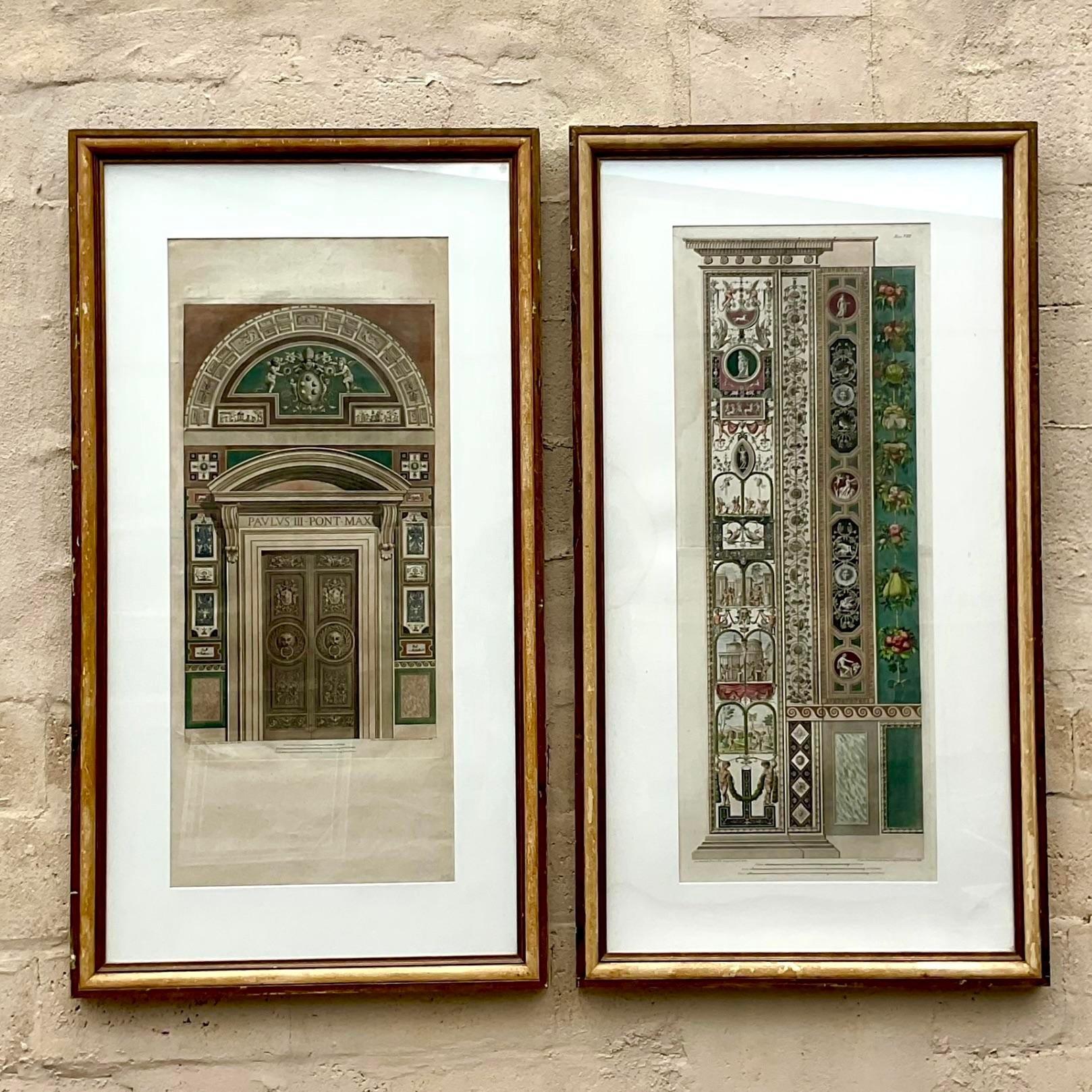 Vintage Pair of Hand Colored Engravings After Raphael “Le Loggie De Raffaello”  In Good Condition For Sale In west palm beach, FL