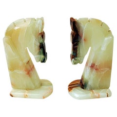 Vintage Pair of Handacarved Onyx Horseheads Bookends, 1970s Italy