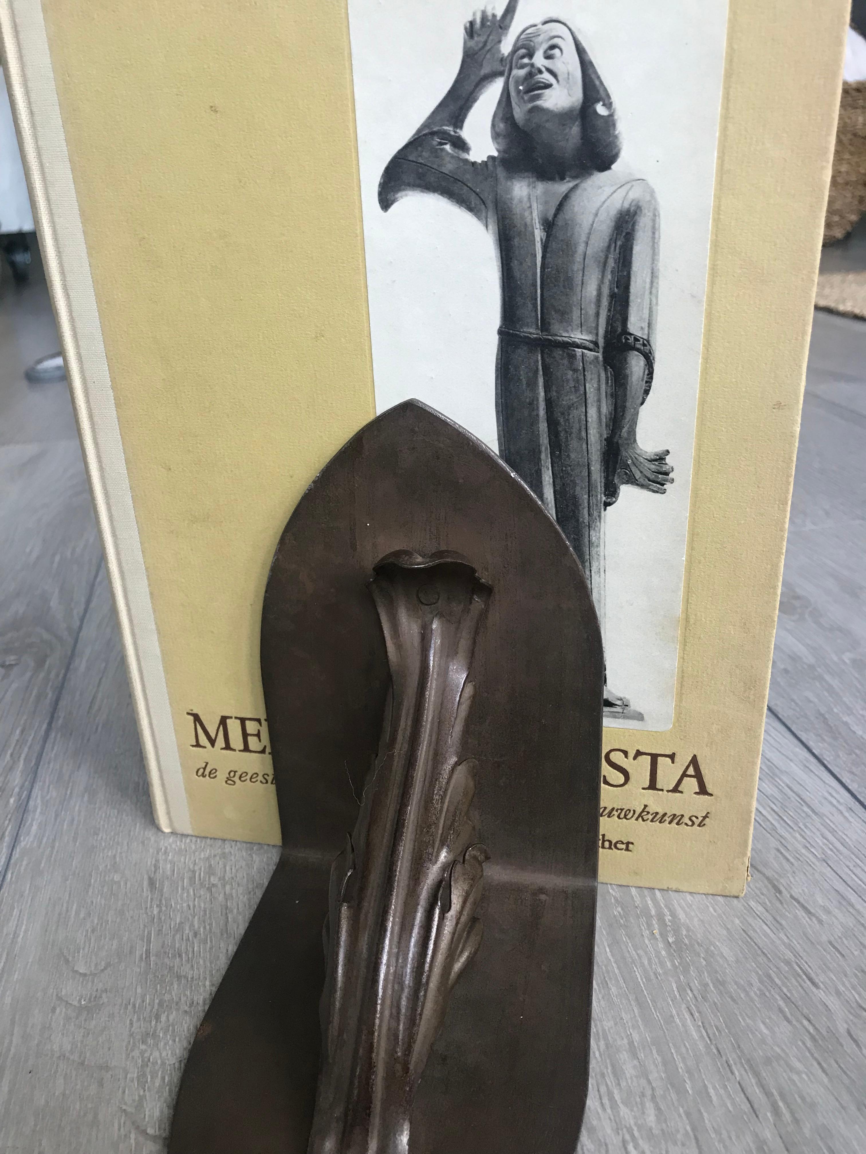 Arts & Crafts Pair of Handcrafted Metal Bookends with Meaningful Symbolic Leaves For Sale 1
