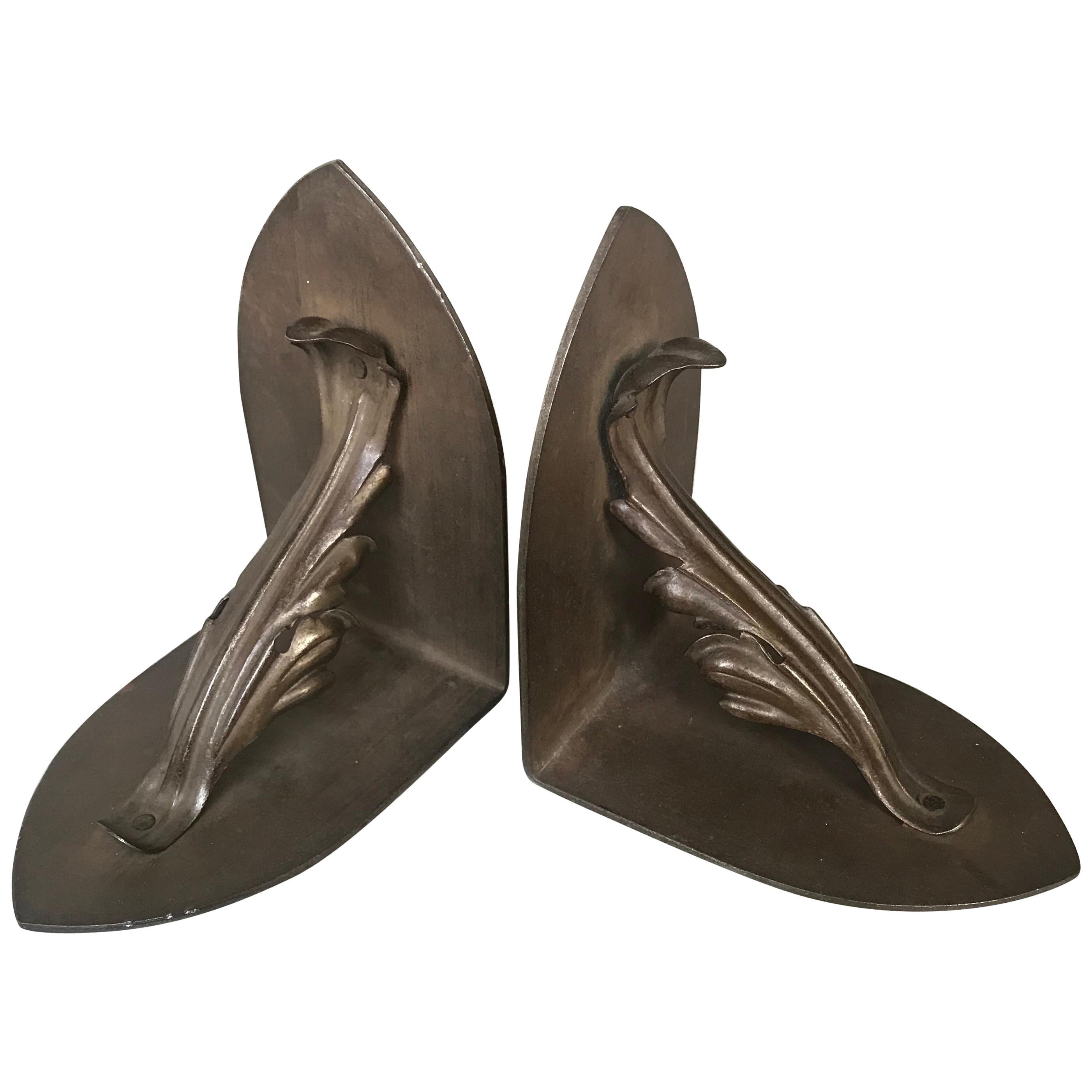 Arts & Crafts Pair of Handcrafted Metal Bookends with Meaningful Symbolic Leaves For Sale