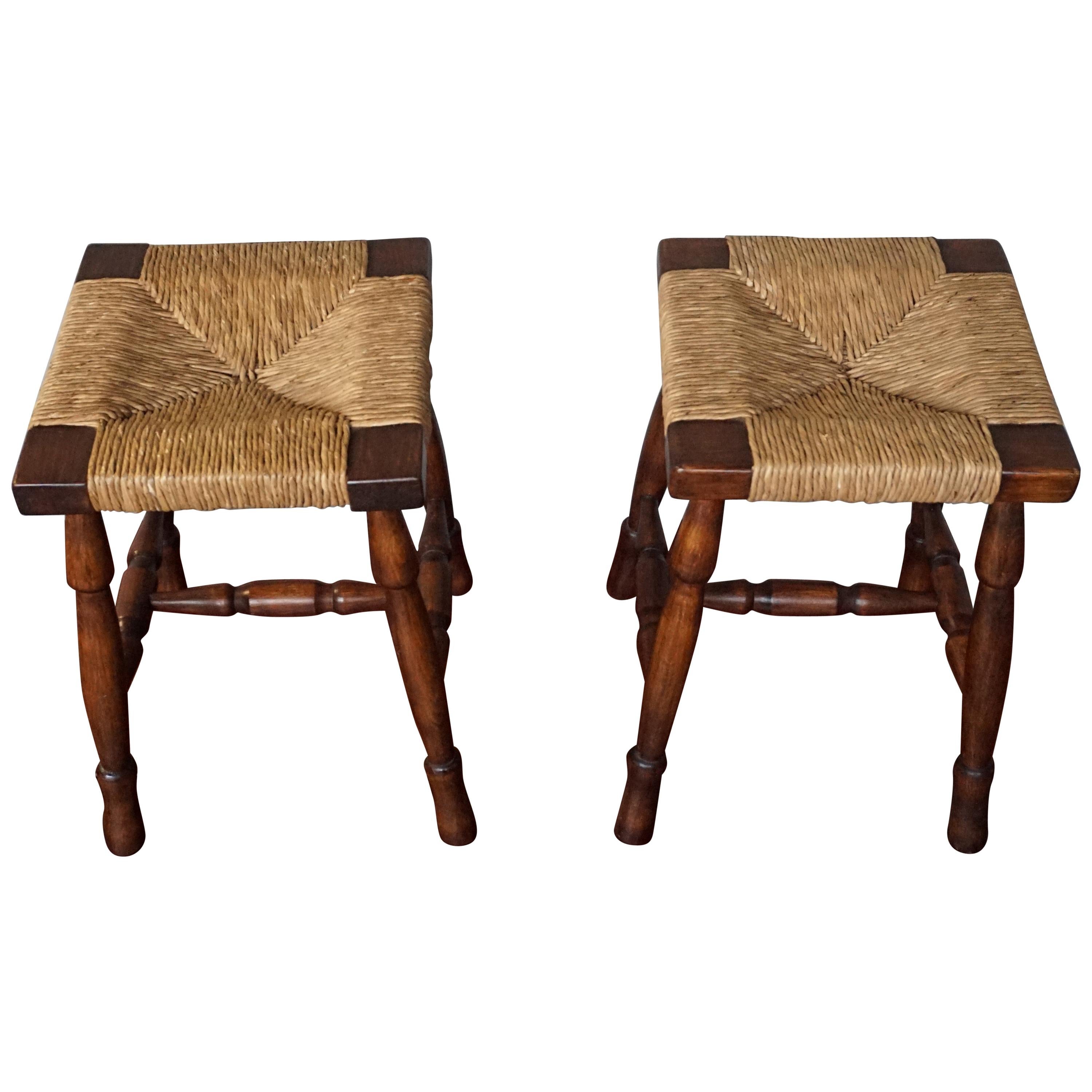 Vintage Pair of Handcrafted Wood and Rush Seat Country House / Provencial Stools