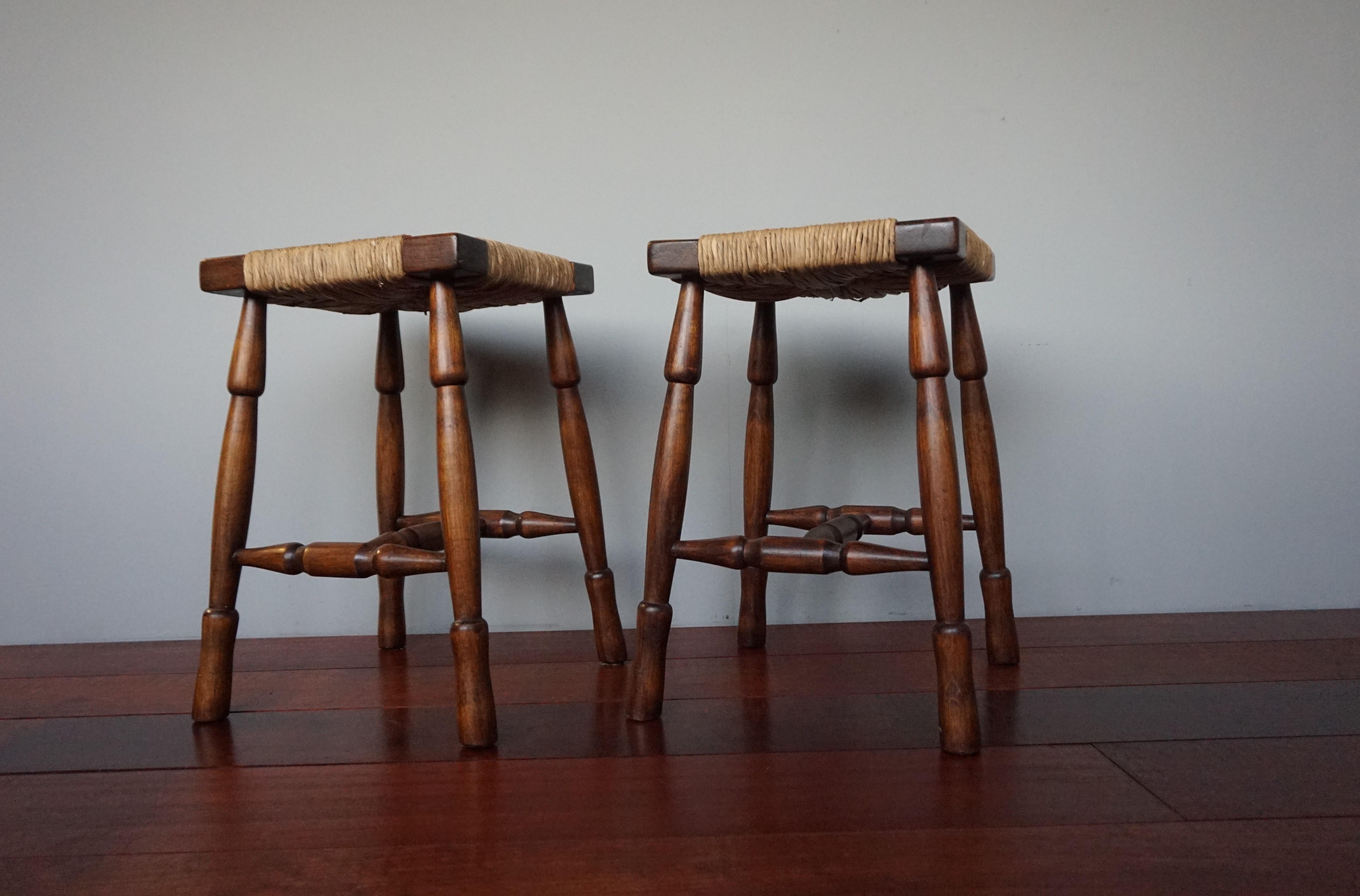 Vintage Pair of Handcrafted Wood and Rush Seat Country House / Provencial Stools 4