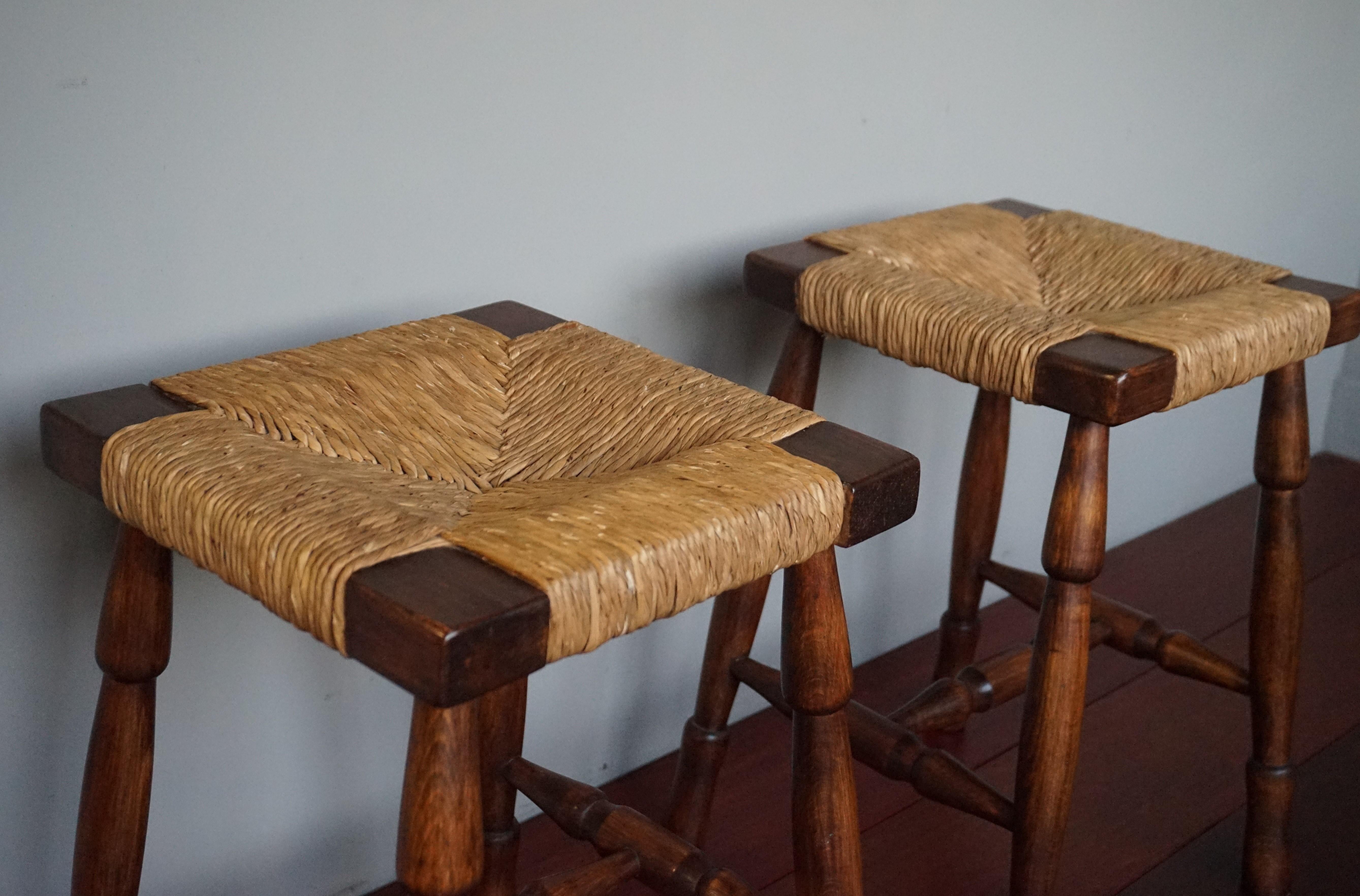 Arts and Crafts Vintage Pair of Handcrafted Wood and Rush Seat Country House / Provencial Stools