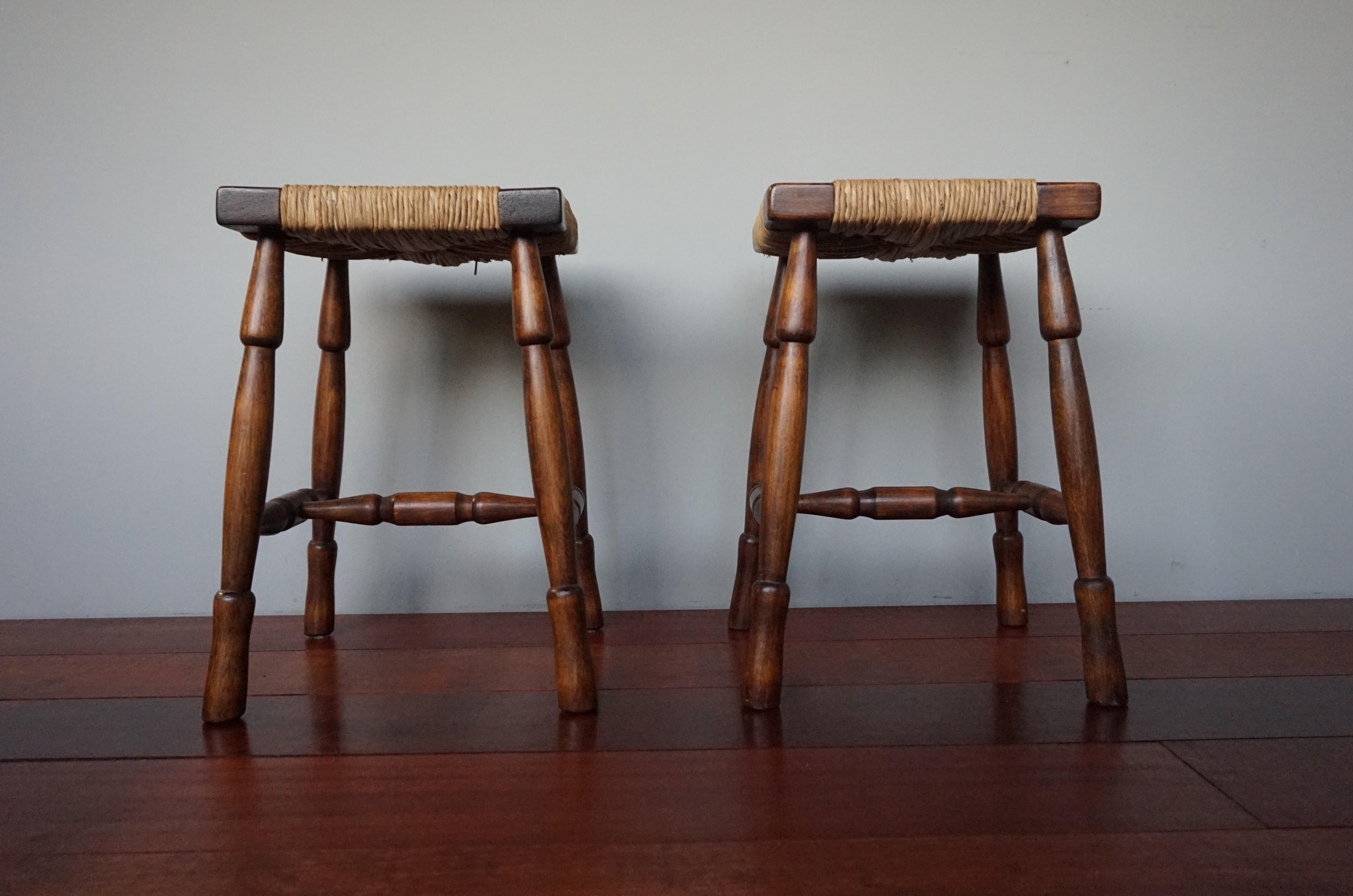 Hand-Crafted Vintage Pair of Handcrafted Wood and Rush Seat Country House / Provencial Stools