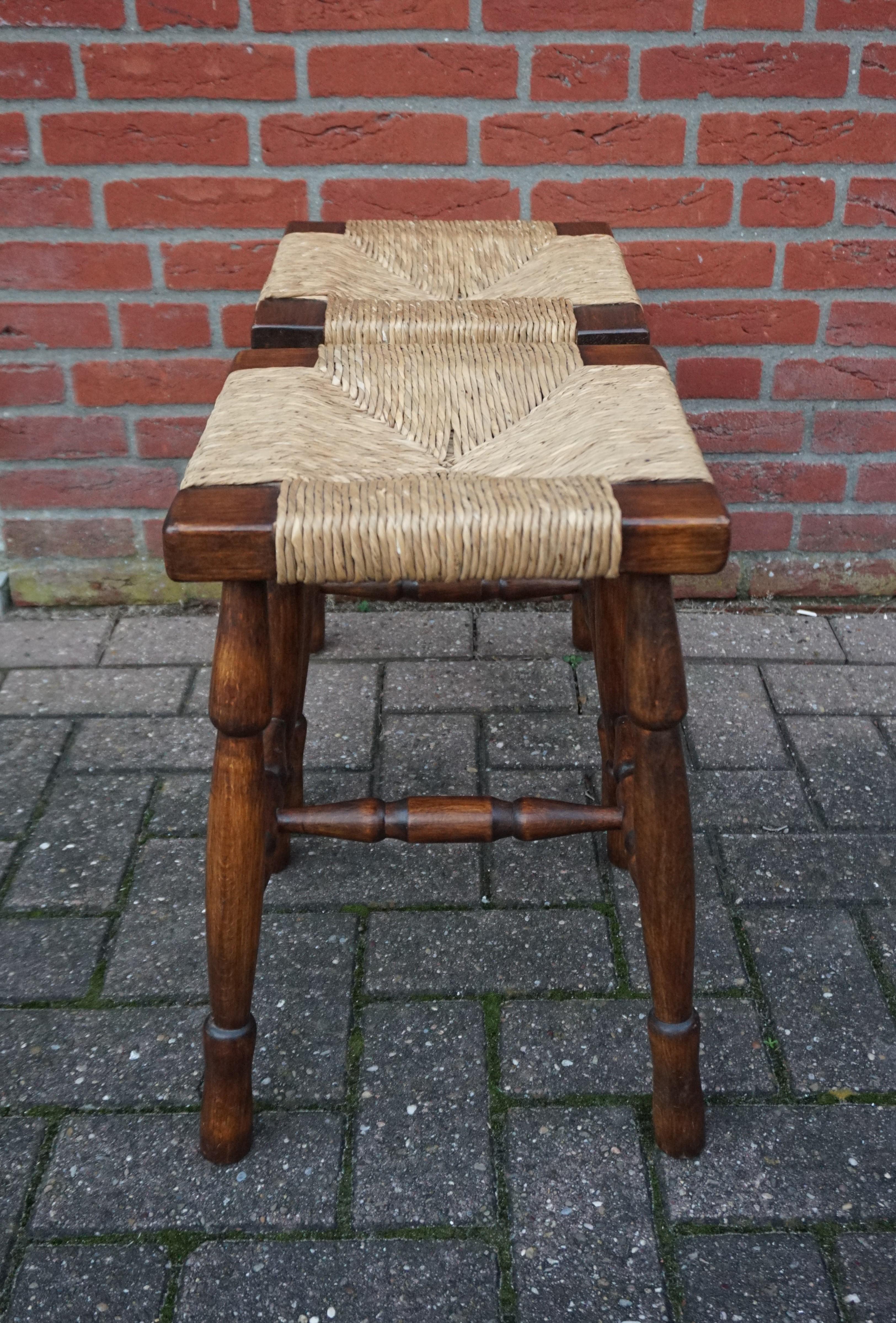 Vintage Pair of Handcrafted Wood and Rush Seat Country House / Provencial Stools In Excellent Condition In Lisse, NL