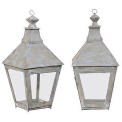 Vintage Pair of Hanging Candle Lanterns of Glass and Metal