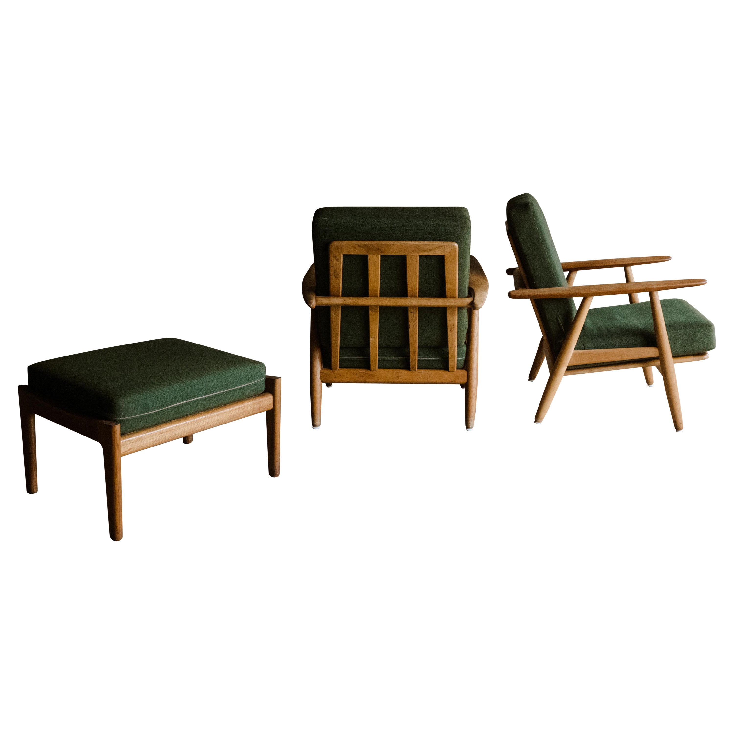 Vintage Pair of Hans Wegner Cigar Chairs with Ottoman, Denmark 1960s