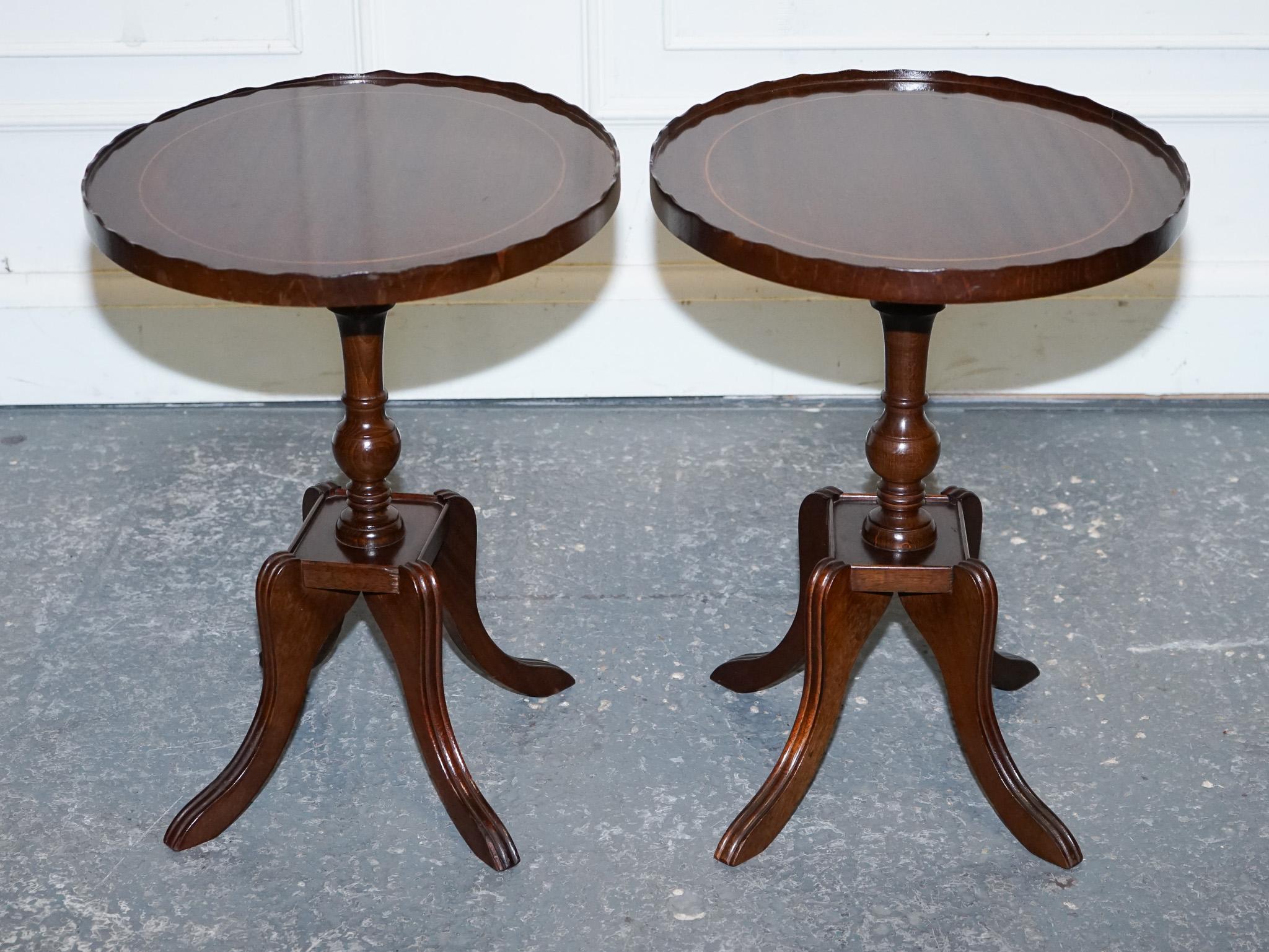 British VINTAGE PAIR OF HARDWOOD SIDE END WINE TABLE WITH GALLERY RAIL PiE CRUST BORDER For Sale
