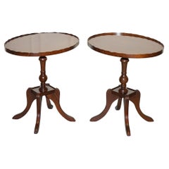 VINTAGE PAIR OF HARDWOOD SIDE END WINE TABLE WITH GALLERY RAIL PiE CRUST BORDER