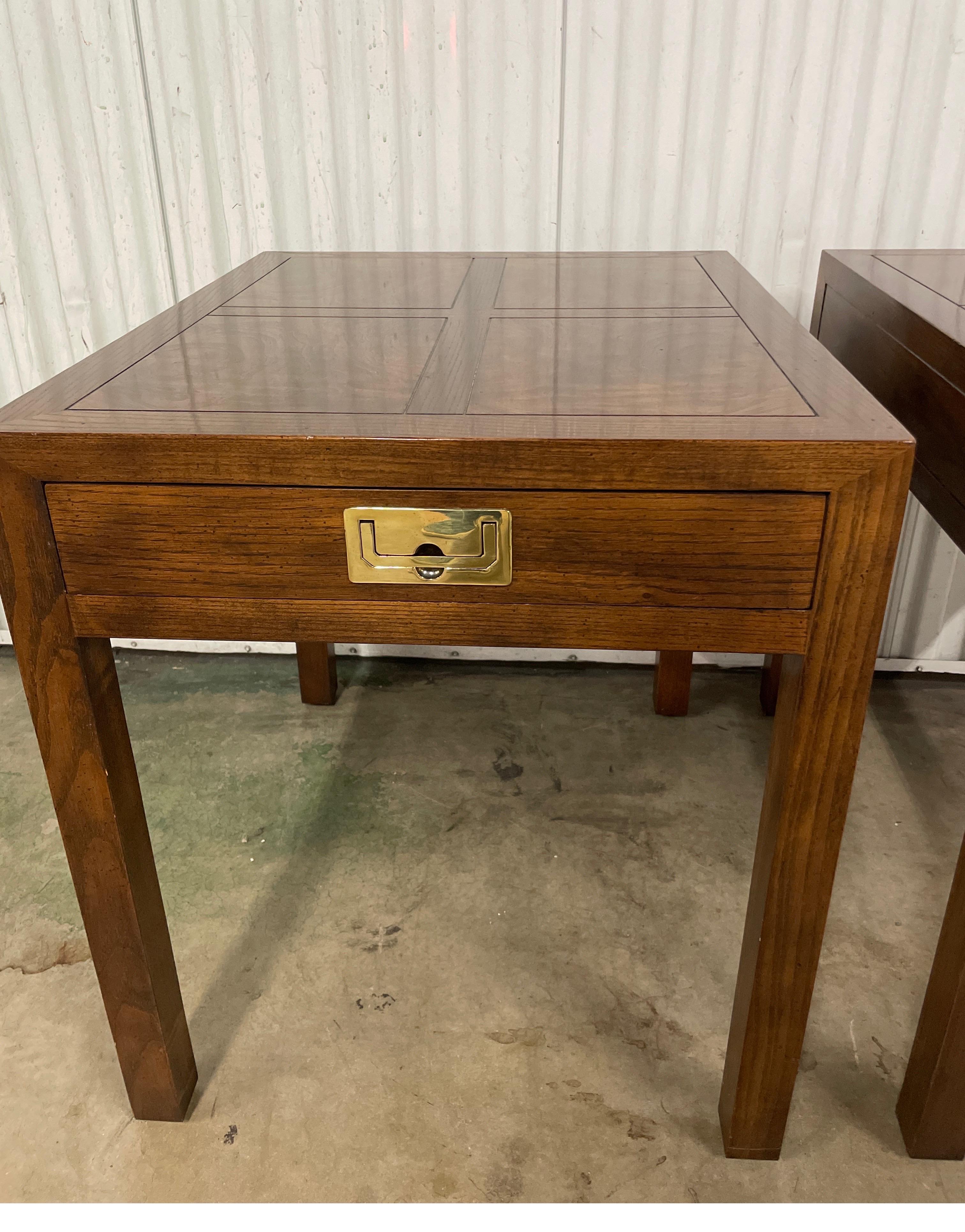 Vintage pair of Henredon burlwood Campaign style side tables with one drawer.