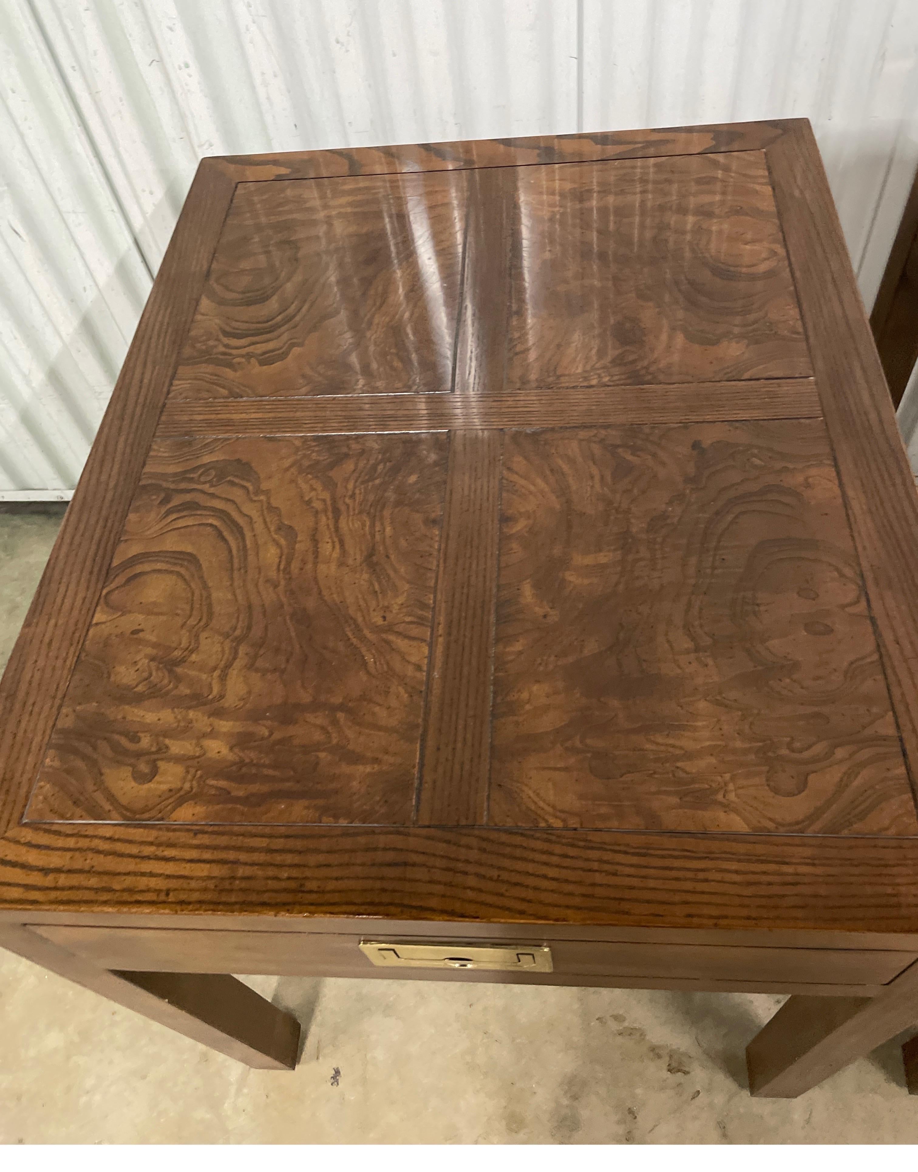 Vintage Pair of Henredon Burlwood Campaign Side Tables In Good Condition In West Palm Beach, FL
