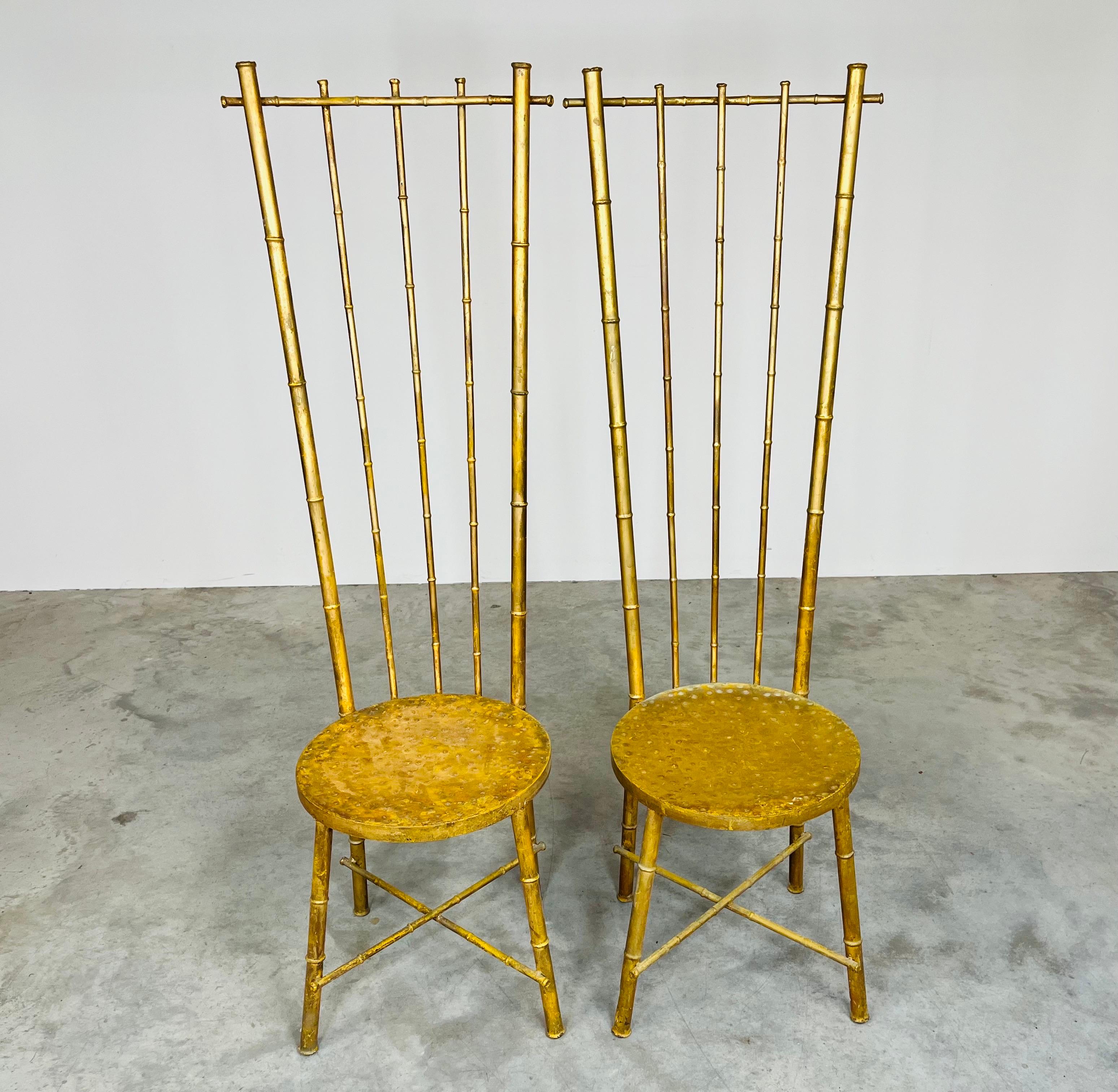 Vintage Pair Of Hollywood Regency Gold Gilt Metal Faux Bamboo High Back Chairs For Sale 5