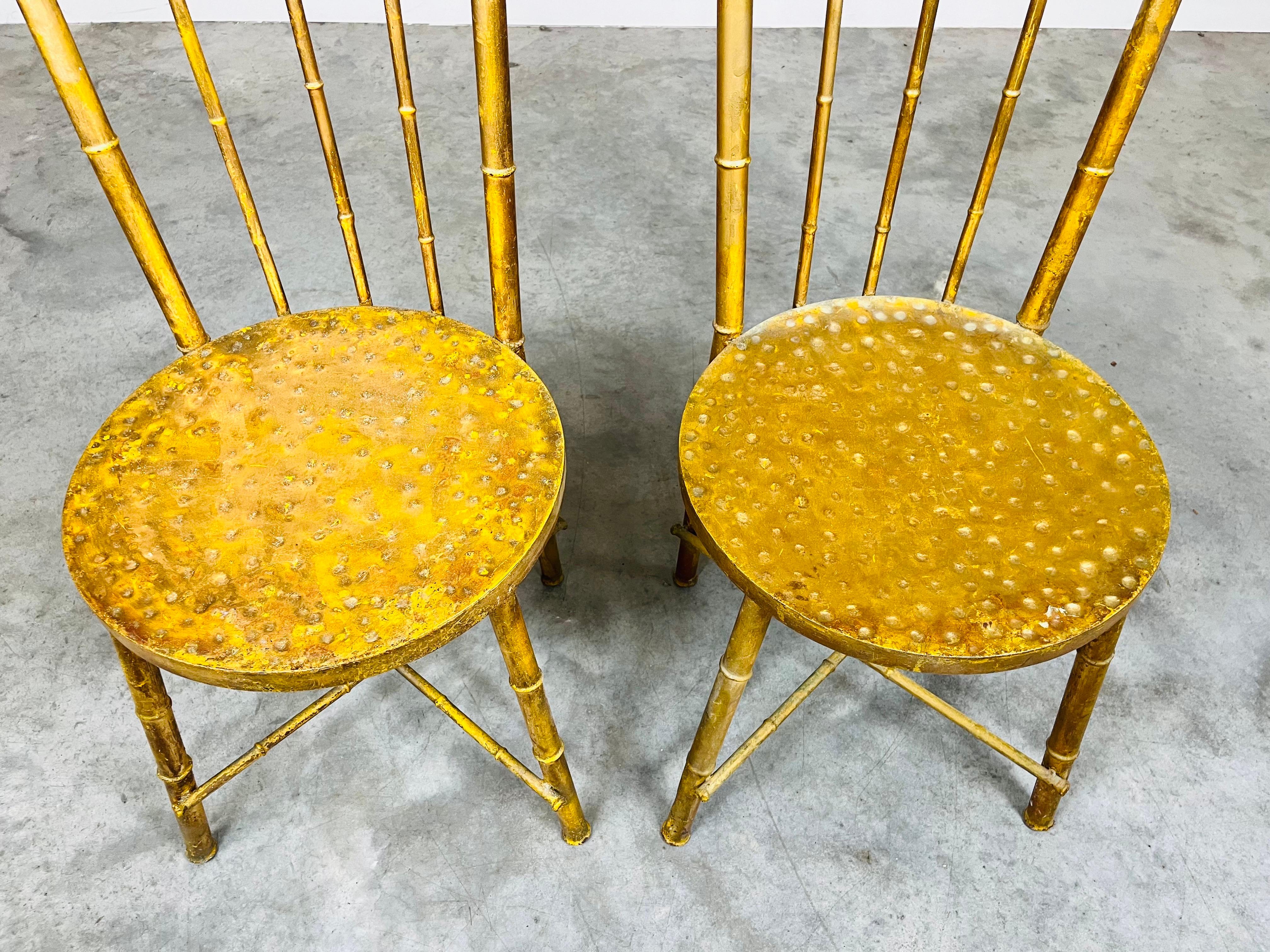 Vintage Pair Of Hollywood Regency Gold Gilt Metal Faux Bamboo High Back Chairs For Sale 6