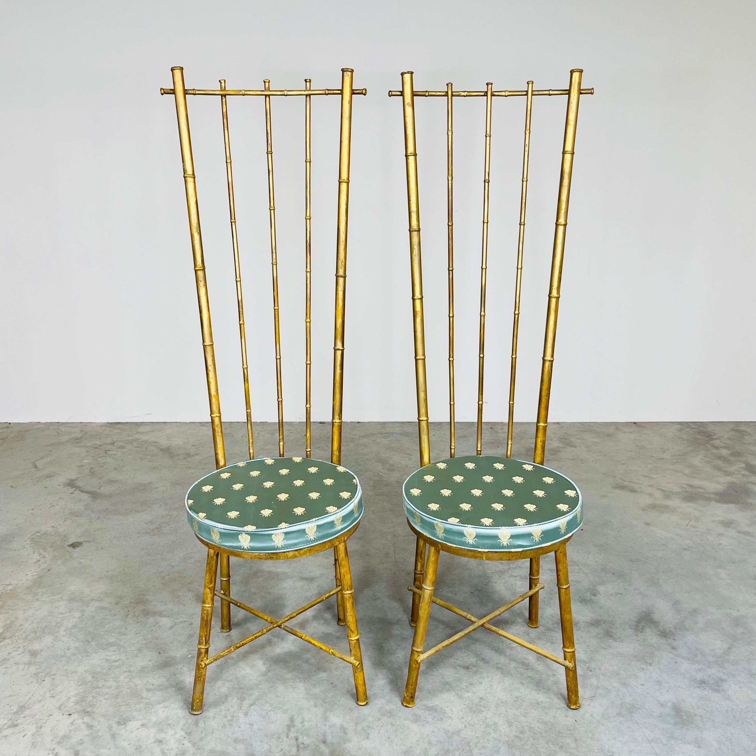 American Vintage Pair Of Hollywood Regency Gold Gilt Metal Faux Bamboo High Back Chairs For Sale