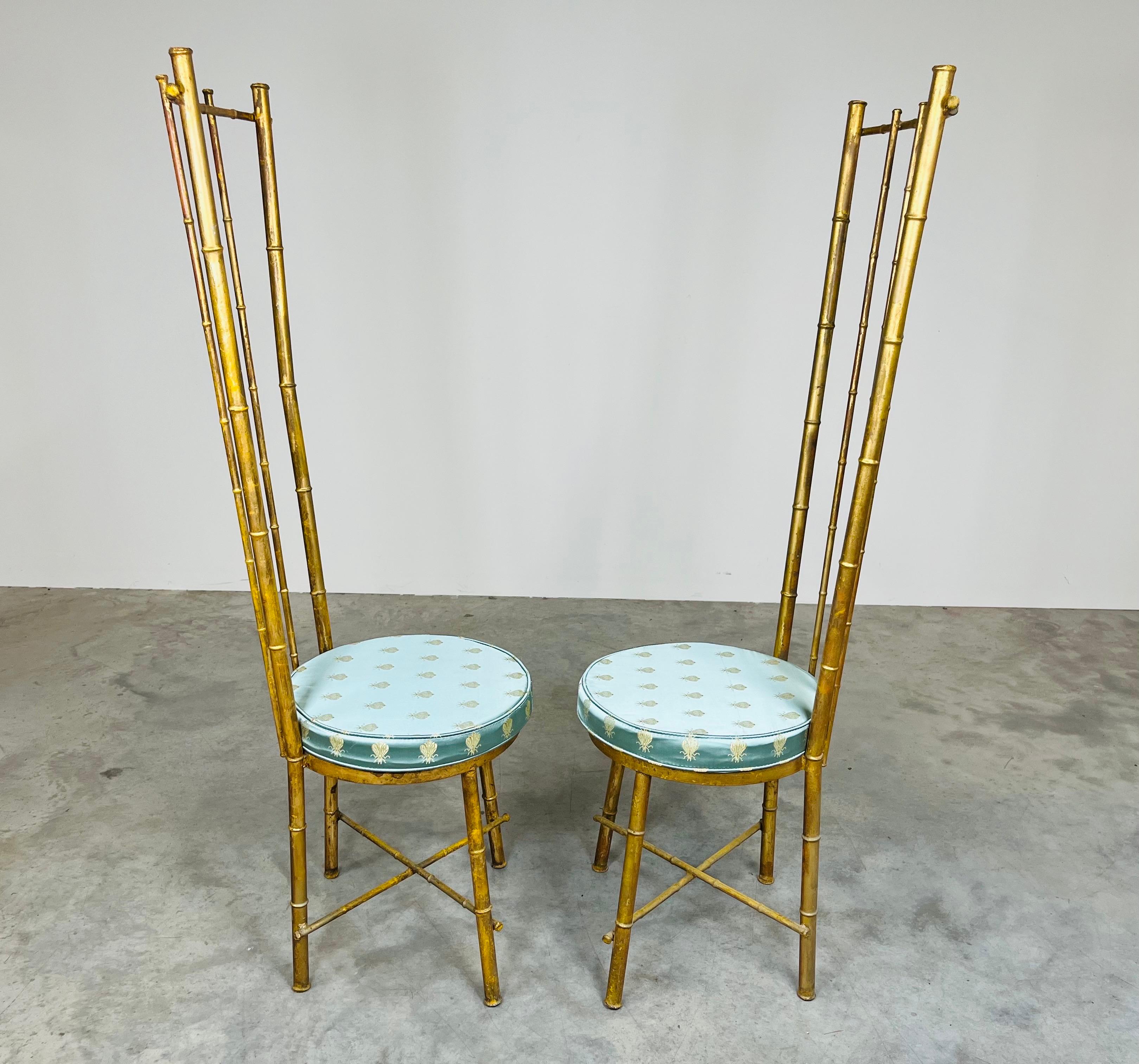 Vintage Pair Of Hollywood Regency Gold Gilt Metal Faux Bamboo High Back Chairs For Sale 2