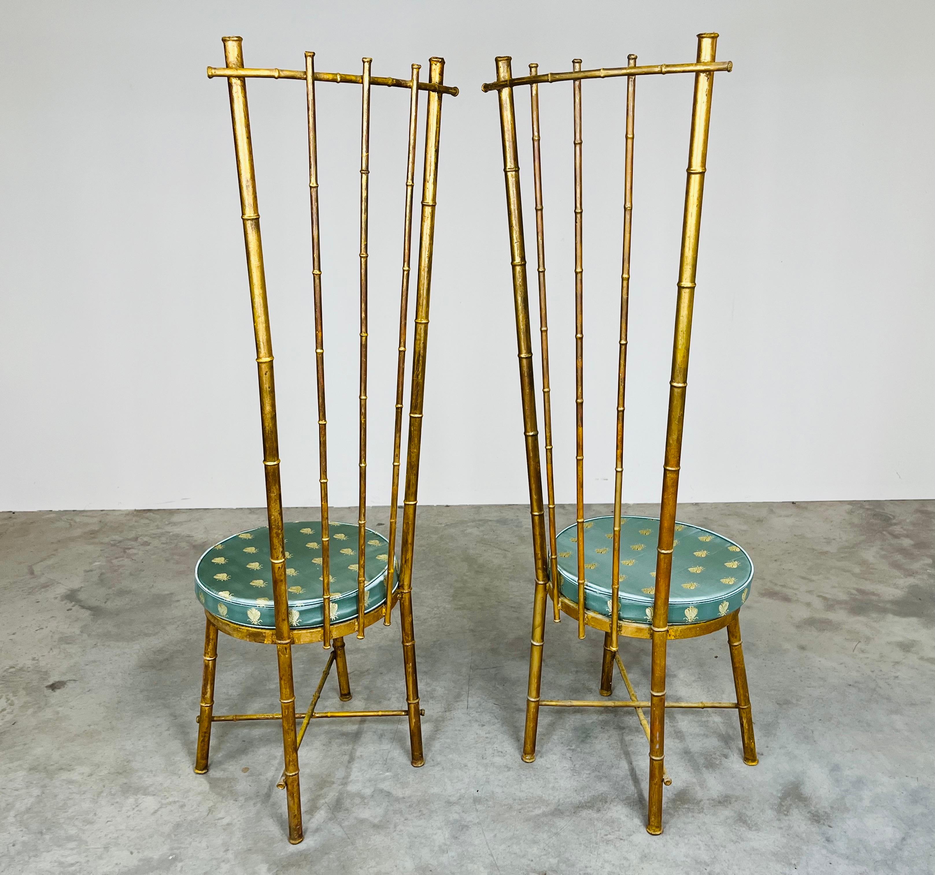 Vintage Pair Of Hollywood Regency Gold Gilt Metal Faux Bamboo High Back Chairs For Sale 3