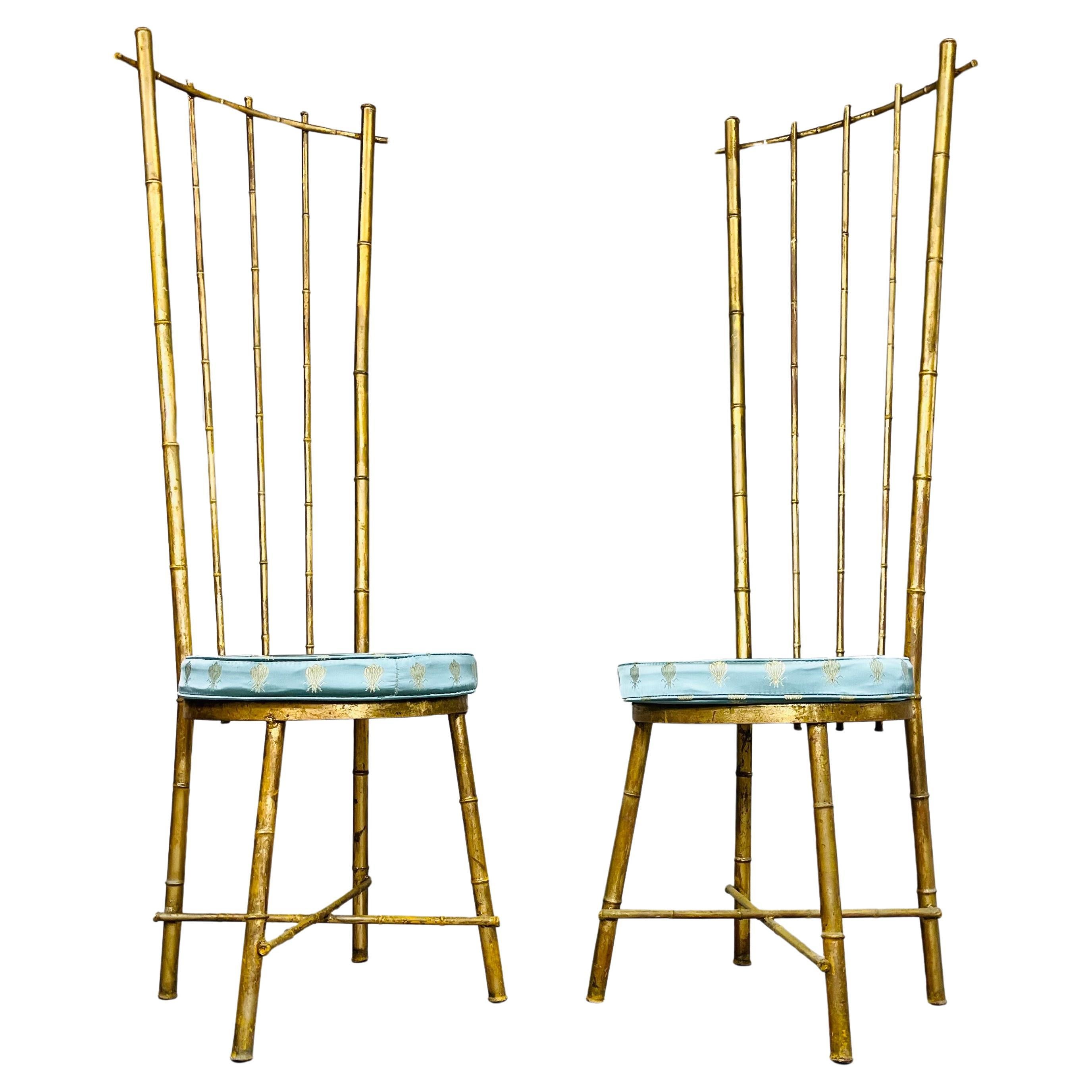 Vintage Pair Of Hollywood Regency Gold Gilt Metal Faux Bamboo High Back Chairs For Sale