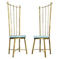 Vintage Pair Of Hollywood Regency Gold Gilt Metal Faux Bamboo High Back Chairs
