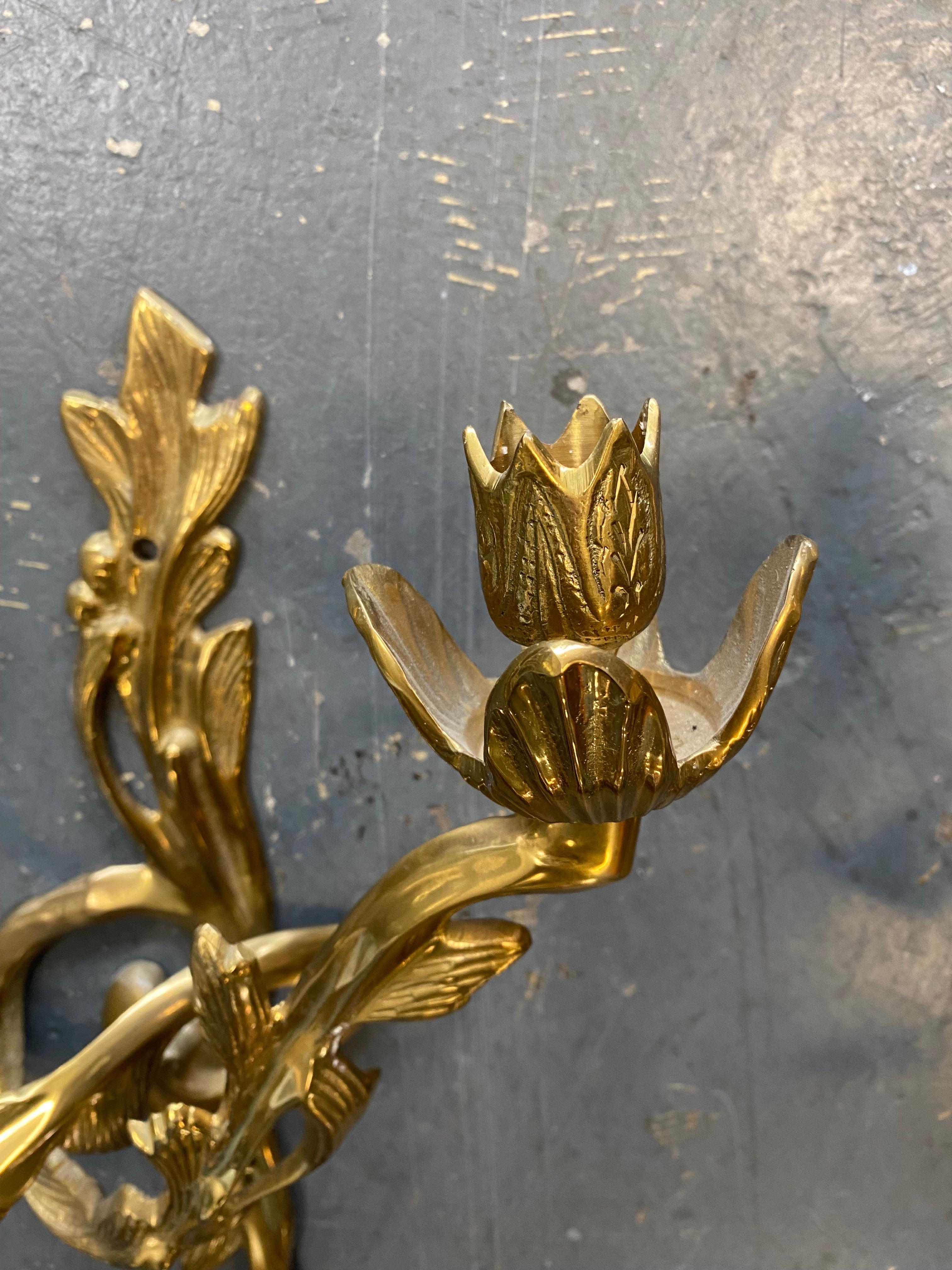 Late 20th Century Vintage Pair of Hollywood Regency Style Brass Candle Wall Sconces