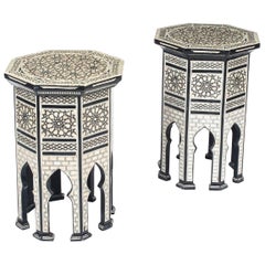 Retro Pair of Inlaid Damascus Mother of Pearl Side Tables Mid-20th Century