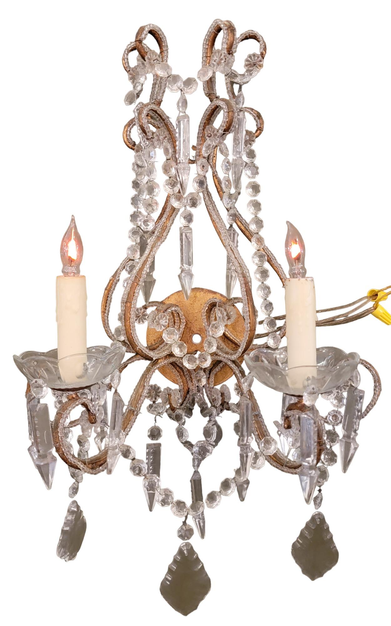 Mid-20th Century Vintage Pair of Italian Beaded Crystal and Brass Sconces
