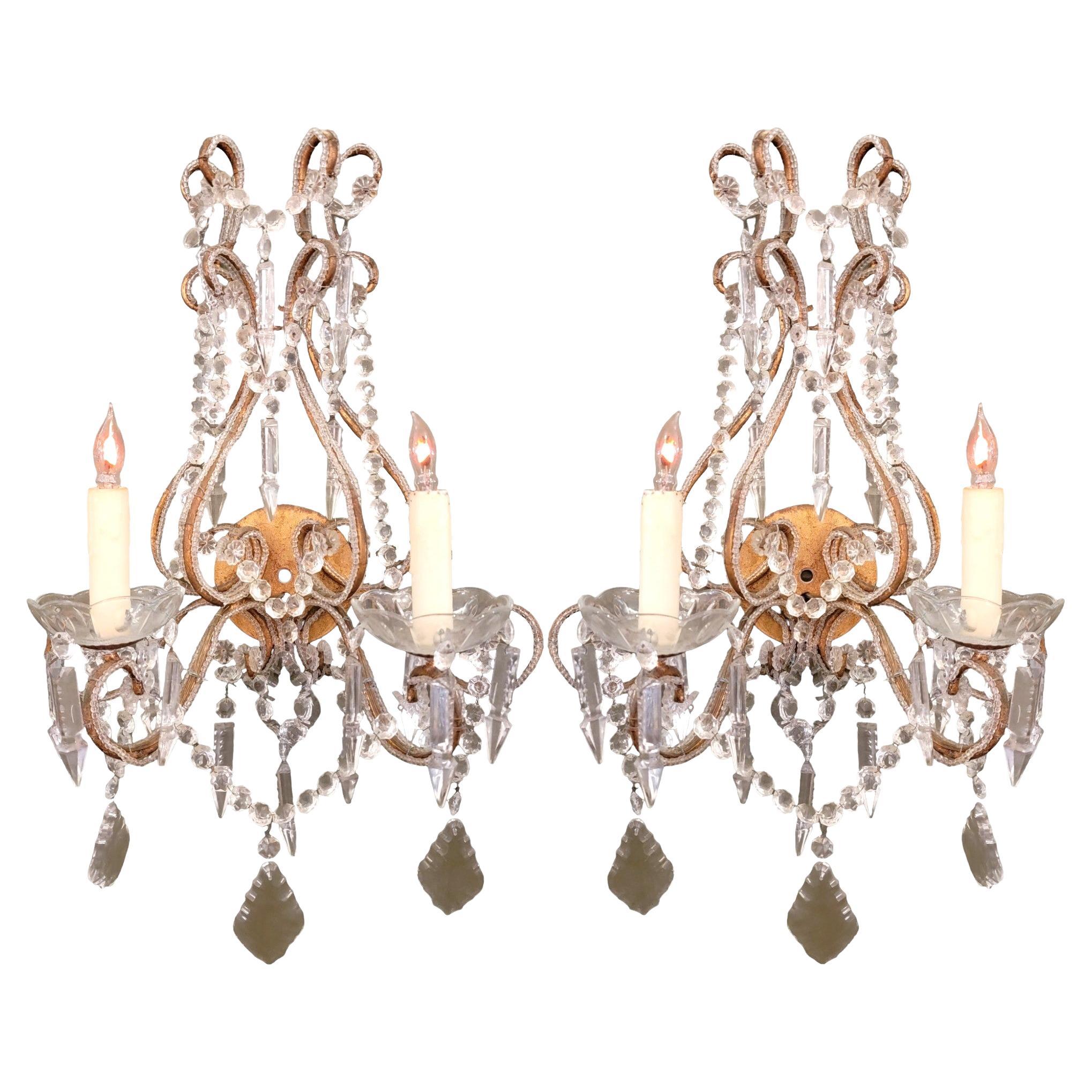 Vintage Pair of Italian Beaded Crystal and Brass Sconces