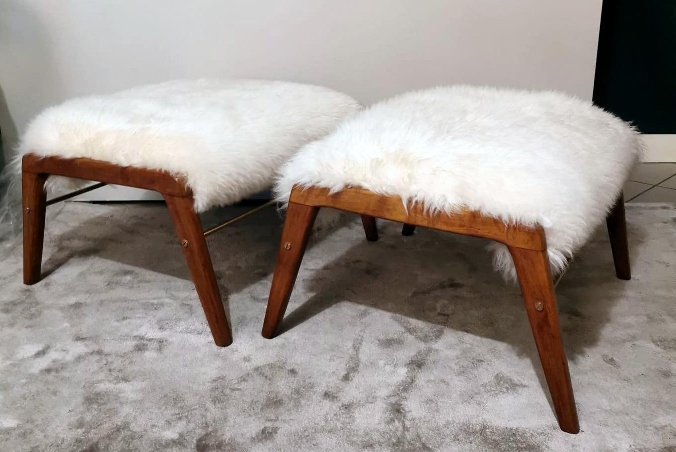 Mid-Century Modern Vintage Pair Of Italian Benches With Mongolian Sheepskin