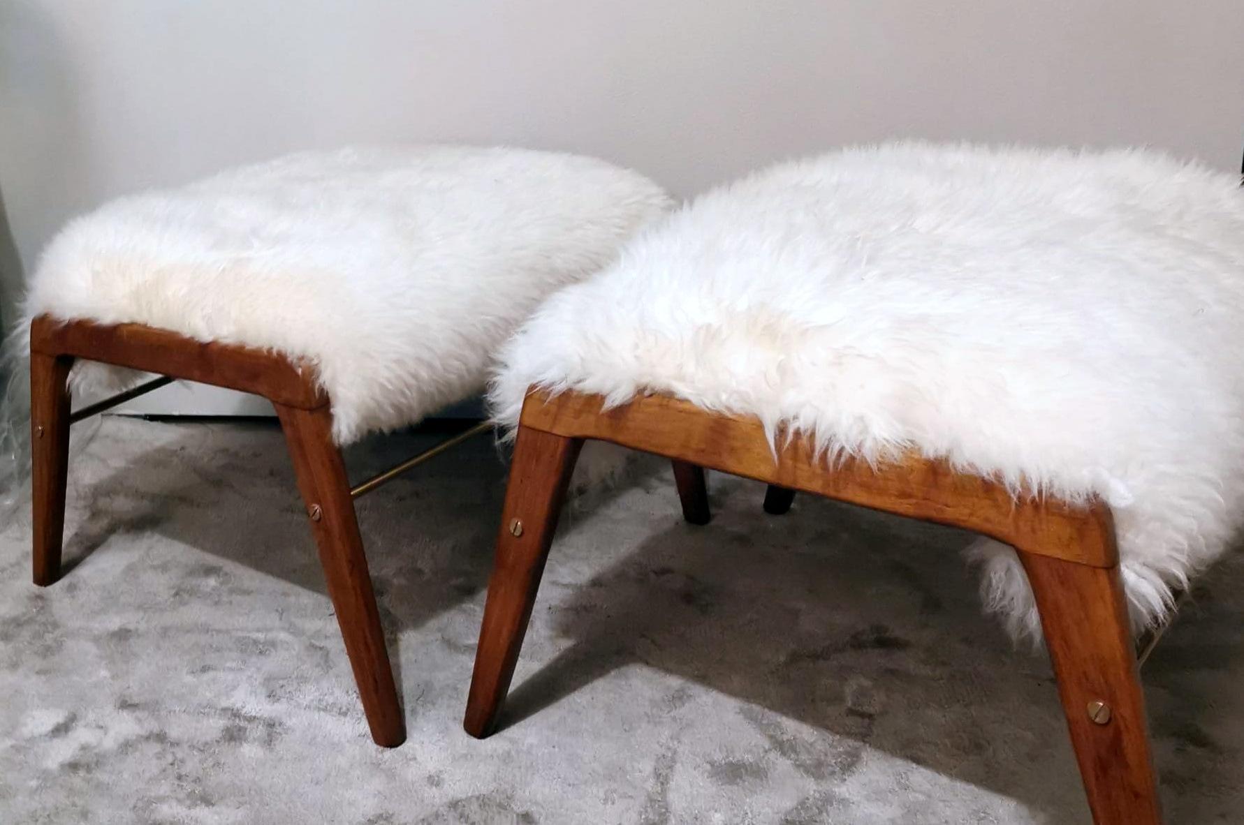 Hand-Crafted Vintage Pair Of Italian Benches With Mongolian Sheepskin
