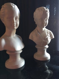 Vintage Pair of Italian Borghese Busts of a Boy and Girl in Matte White Ceramic