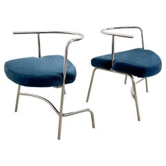 Paire Vintage de  Chaises italiennes chromées et velours rétro MCM postmodernes des années 70 et 80