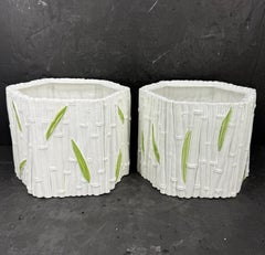 Vintage Pair of Italian Faux Bamboo Glazed Green Leaf Ceramic Faience Planters
